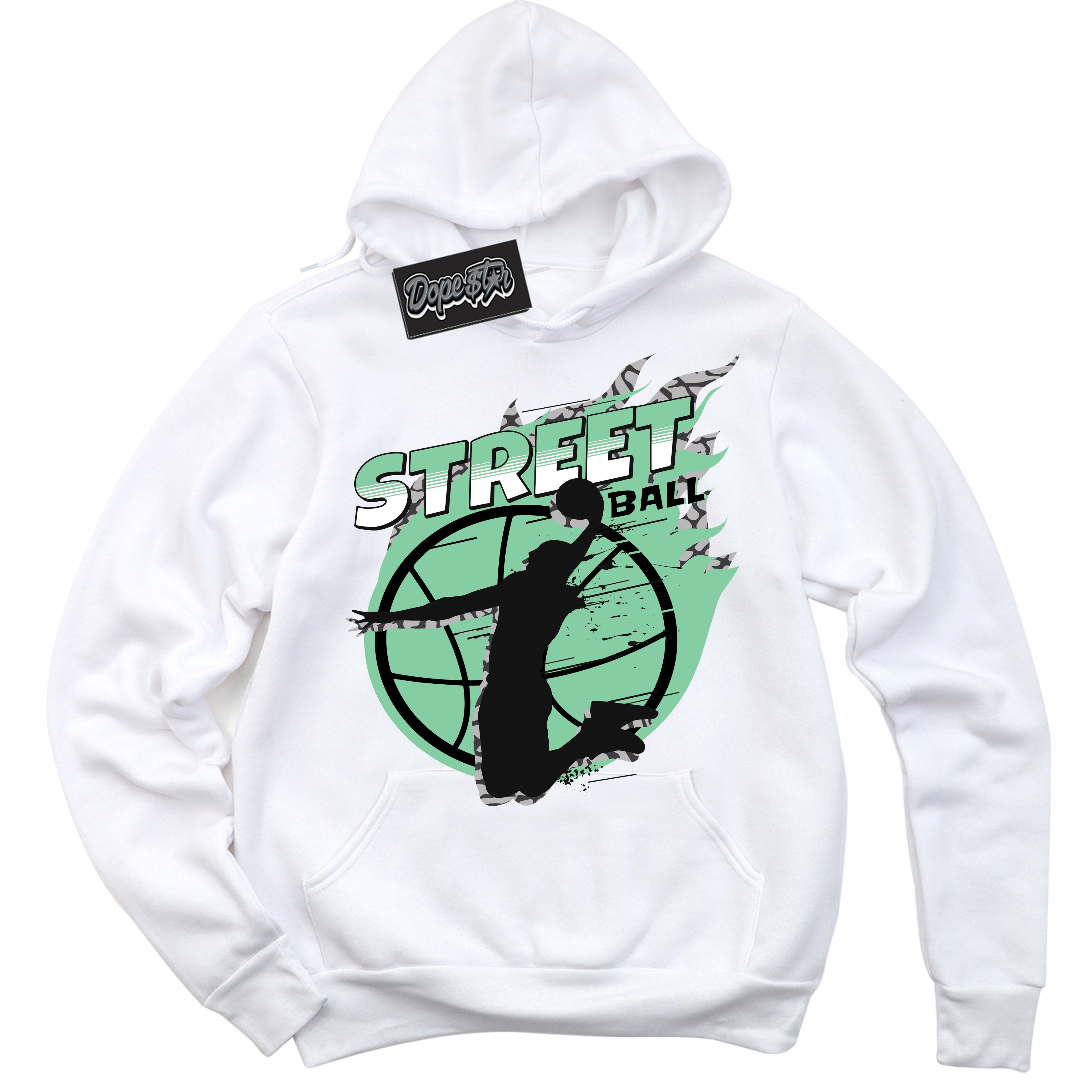 Cool White Graphic DopeStar Hoodie with “ Street Ball “ print, that perfectly matches Green Glow 3s sneakers