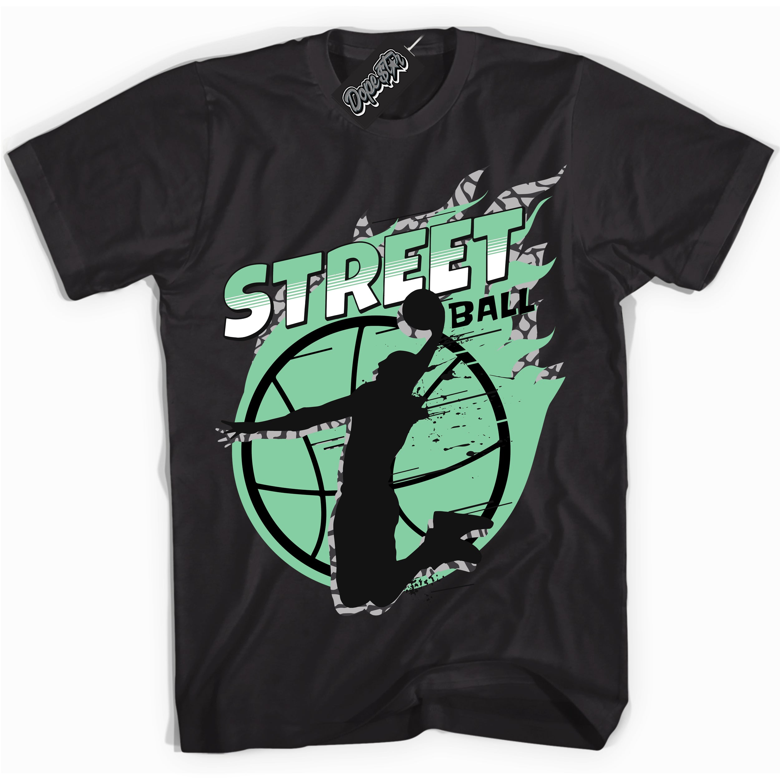 Cool Black graphic tee with “ Street Ball ” design, that perfectly matches Green Glow 3s sneakers 