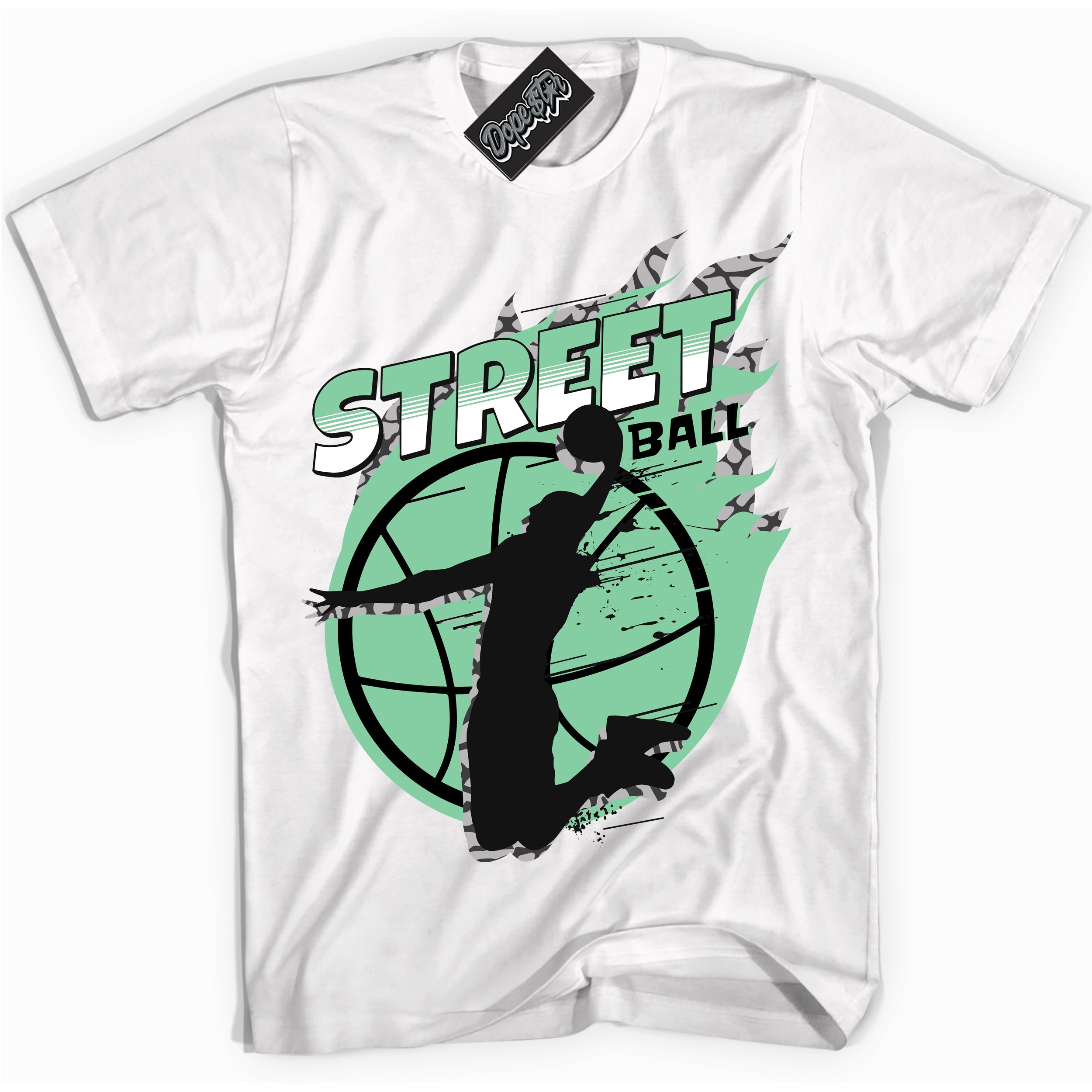 Cool White graphic tee with “ Street Ball ” design, that perfectly matches Green Glow 3s sneakers 