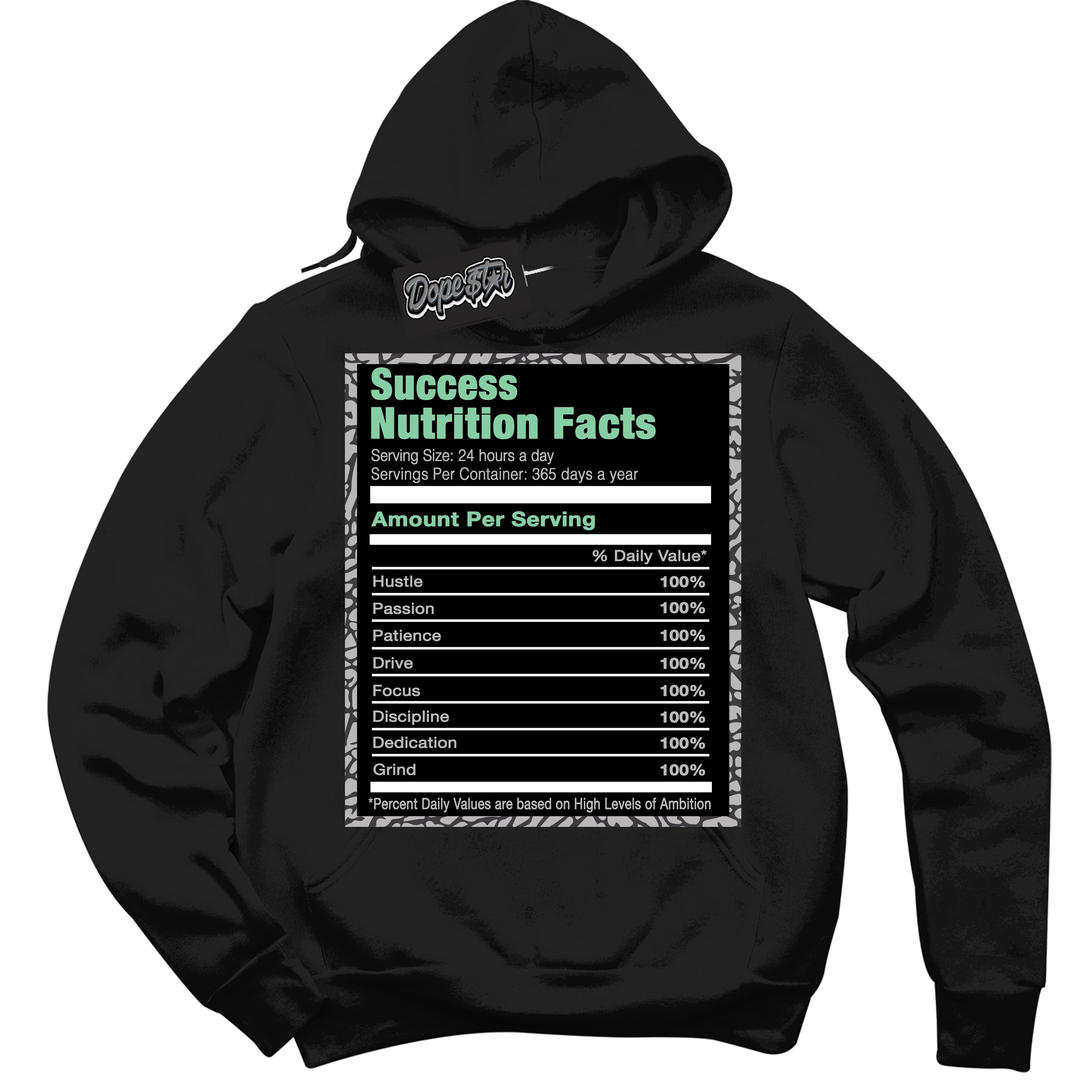 Cool Black Graphic DopeStar Hoodie with “ Success Nutrition “ print, that perfectly matches Green Glow 3S sneakers