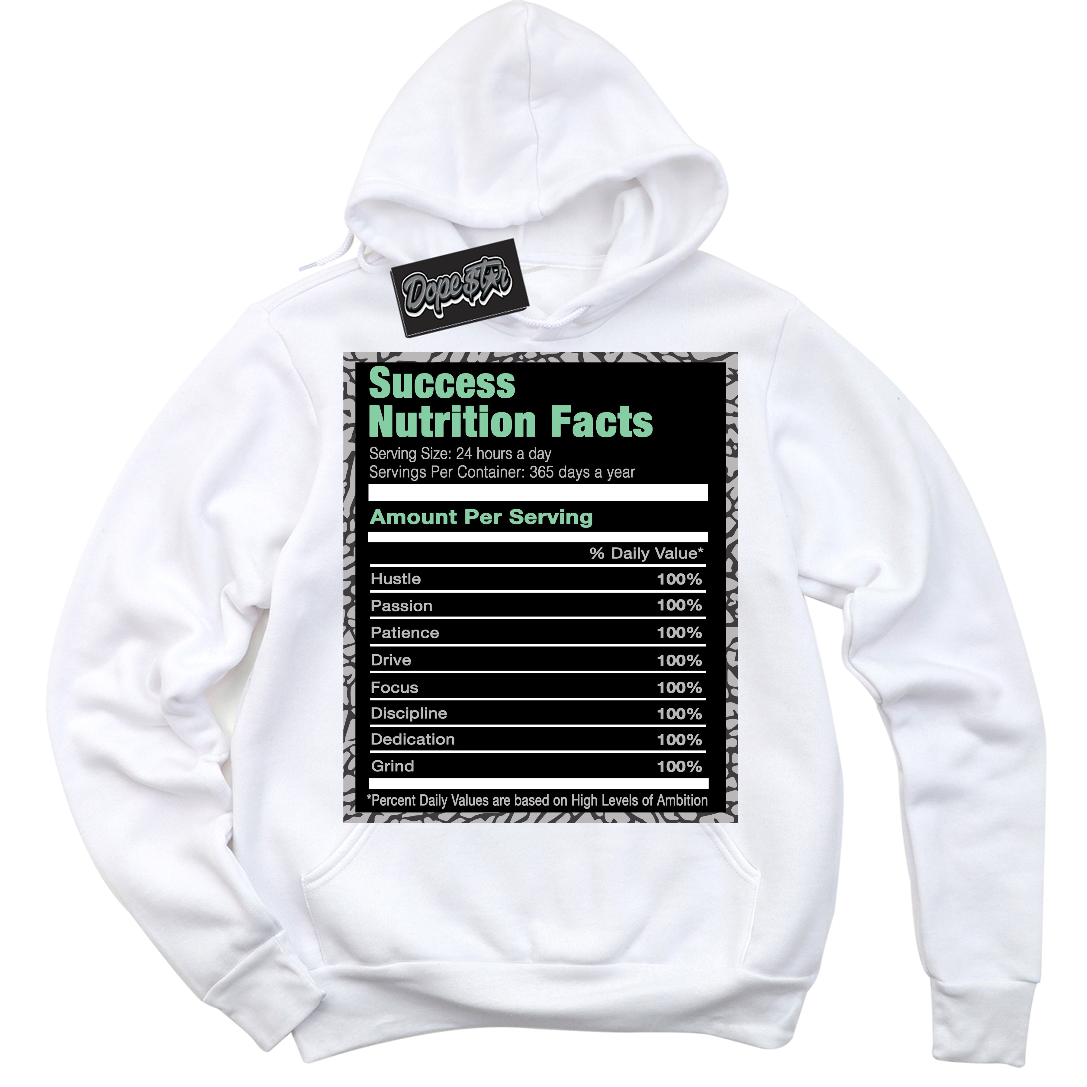 Cool White Graphic DopeStar Hoodie with “ Success Nutrition “ print, that perfectly matches Green Glow 3s sneakers
