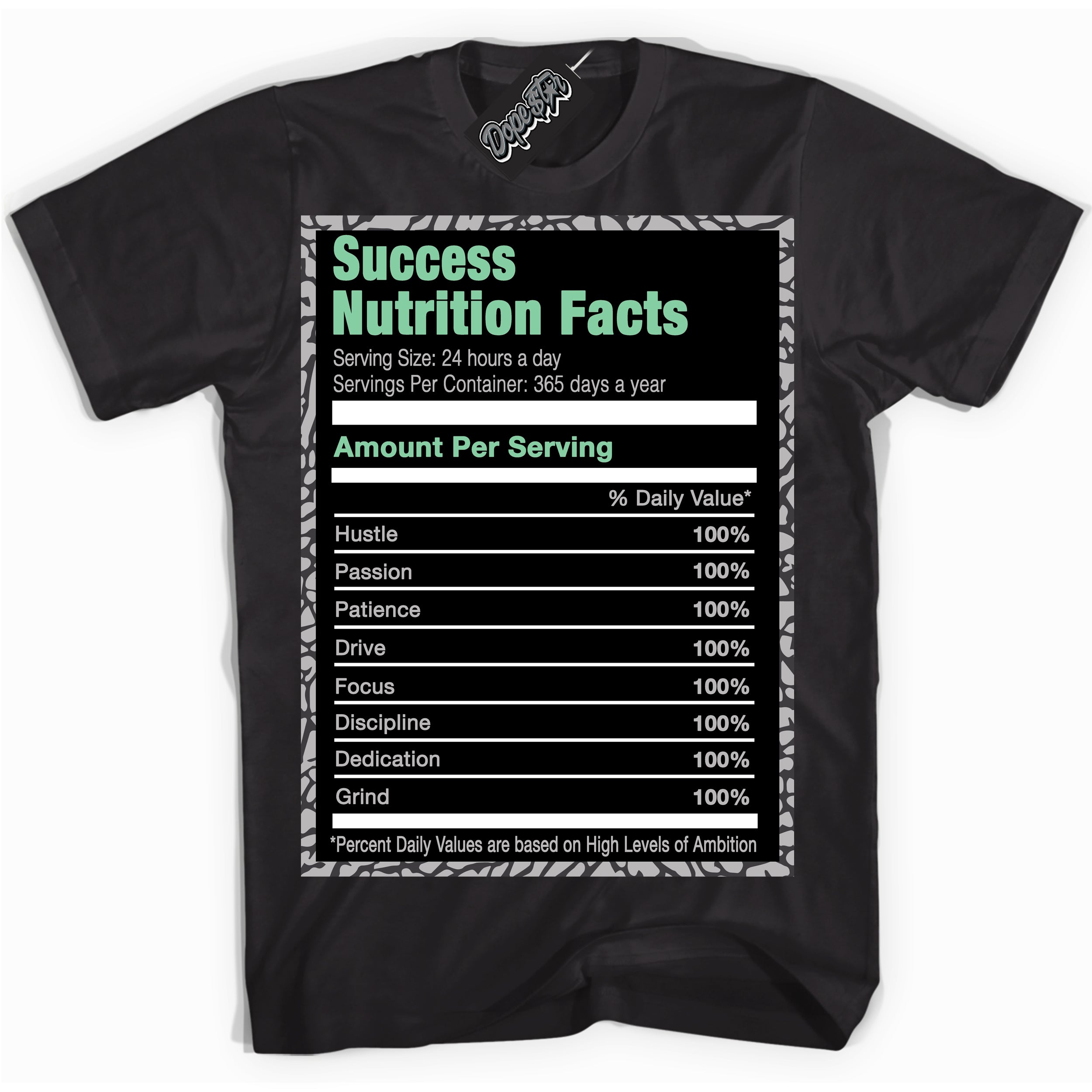 Cool Black graphic tee with “ Success Nutrition ” design, that perfectly matches Green Glow 3s sneakers 