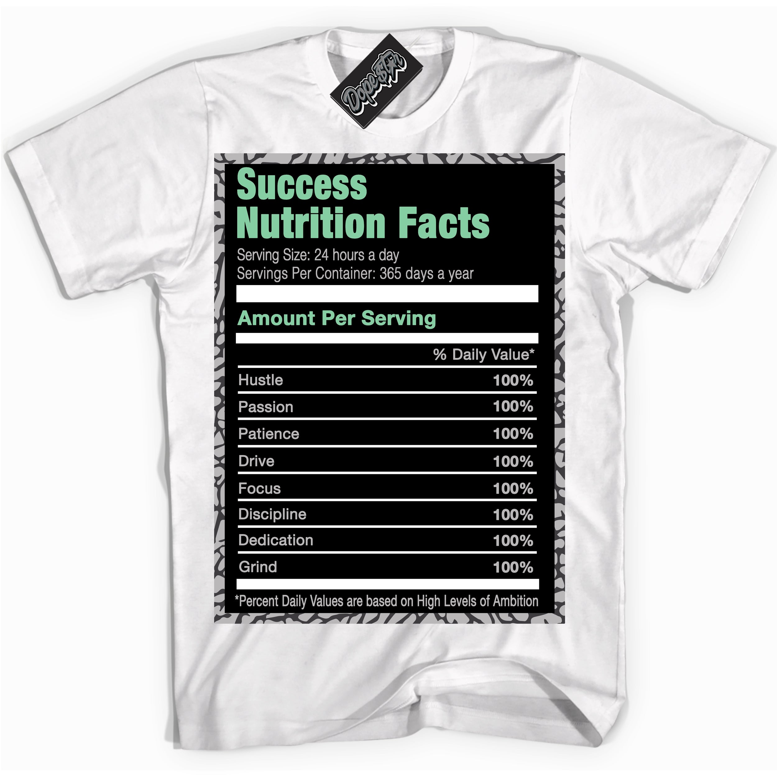 Cool White graphic tee with “ Success Nutrition ” design, that perfectly matches Green Glow 3s sneakers 