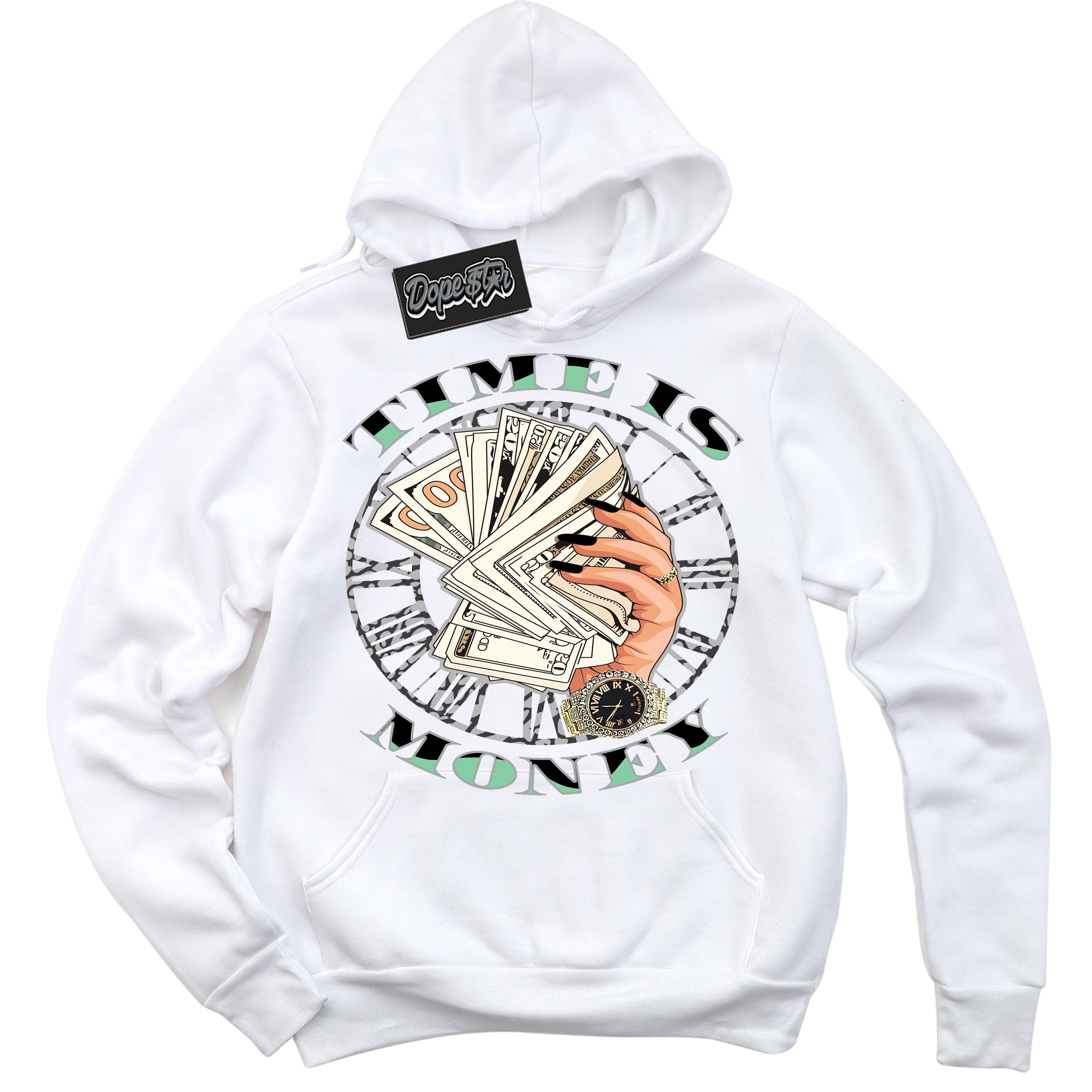 Cool White Graphic DopeStar Hoodie with “ Time Is Money “ print, that perfectly matches Green Glow 3s sneakers