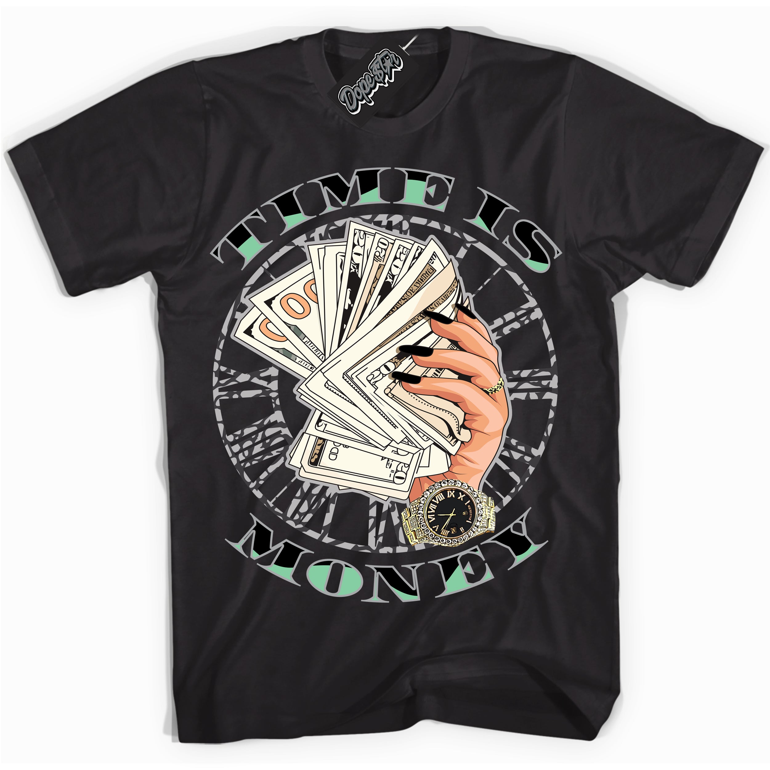 Cool Black graphic tee with “ Time Is Money ” design, that perfectly matches Green Glow 3s sneakers 