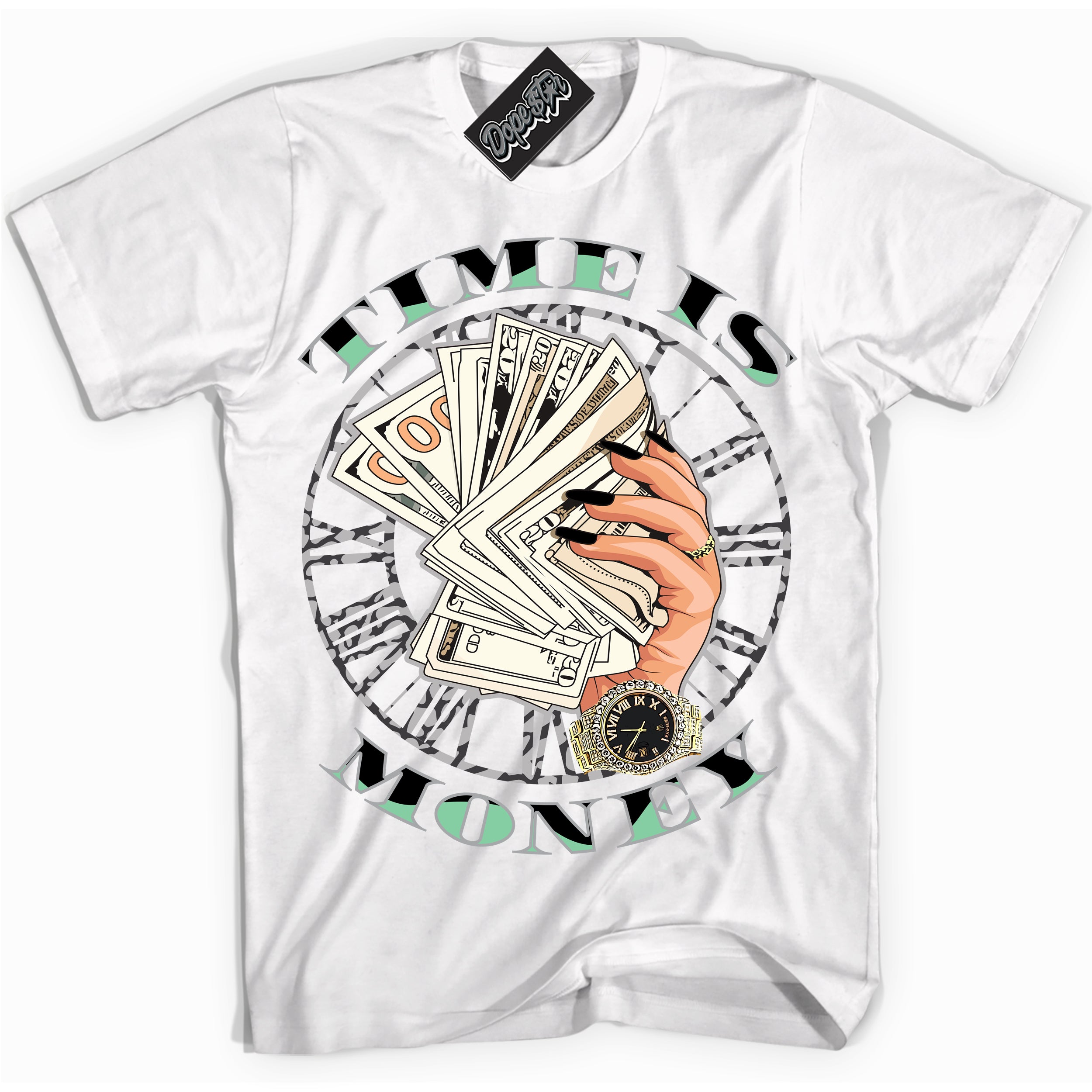 Cool White graphic tee with “ Time Is Money ” design, that perfectly matches Green Glow 3s sneakers 
