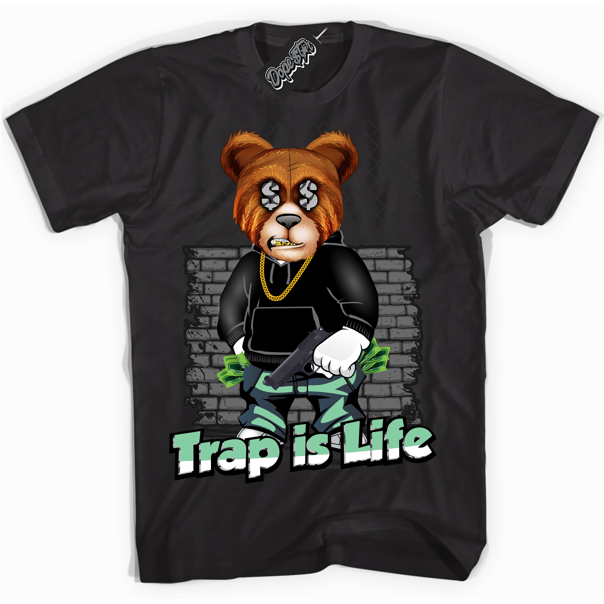 Cool Black graphic tee with “ Trap Is Life ” design, that perfectly matches Green Glow 3s sneakers 