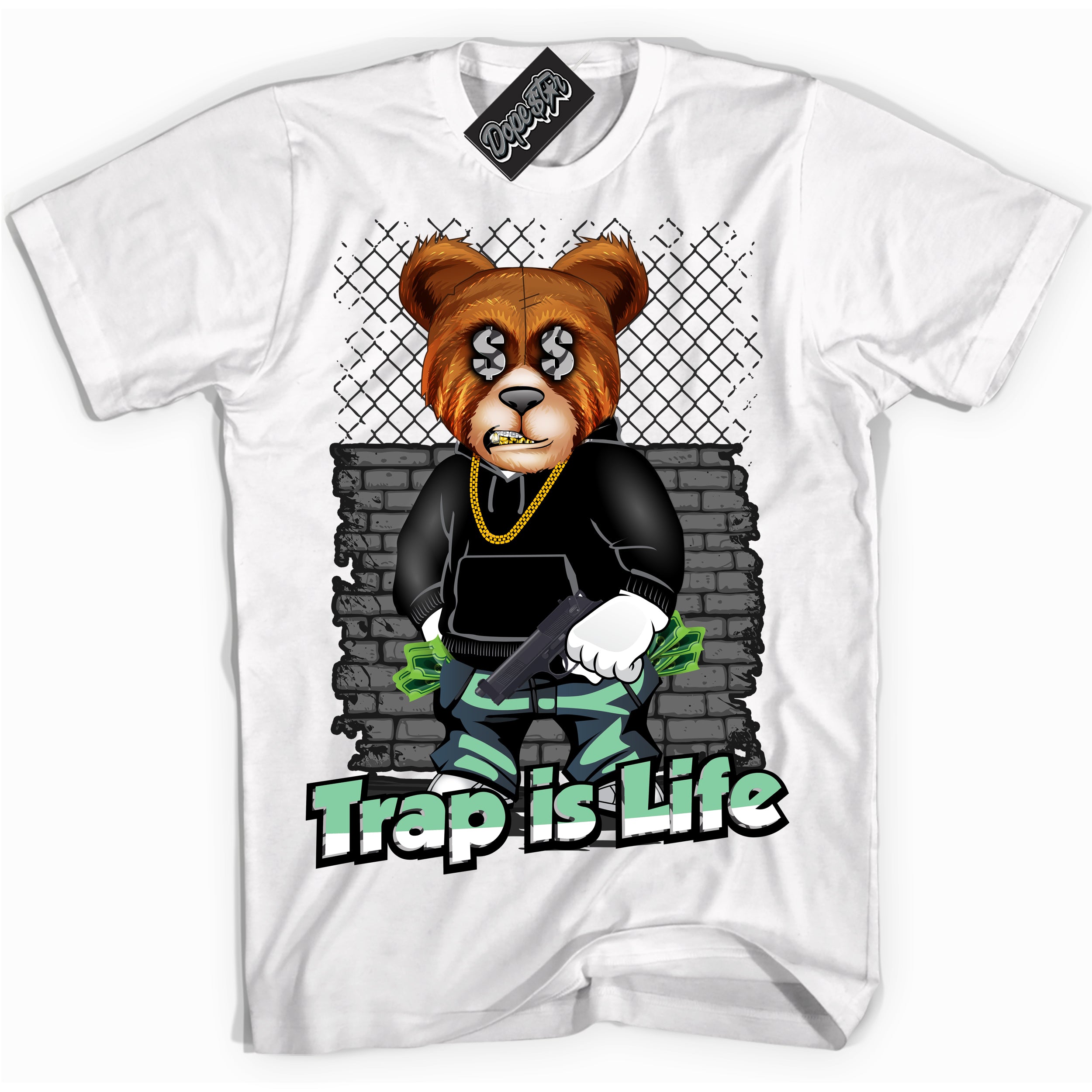 Cool White graphic tee with “ Trap Is Life ” design, that perfectly matches Green Glow 3s sneakers 