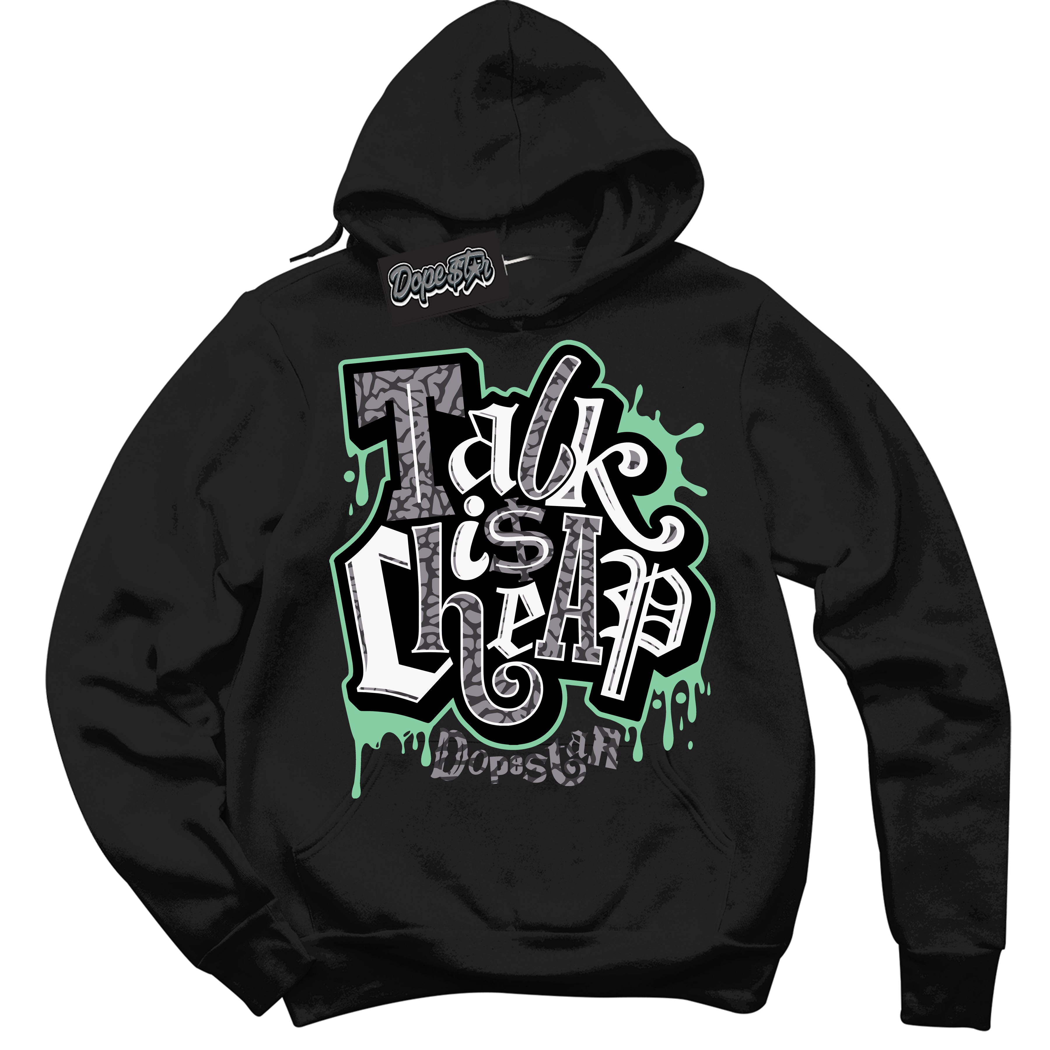 Cool Black Graphic DopeStar Hoodie with “ Talk Is Cheap “ print, that perfectly matches Green Glow 3S sneakers