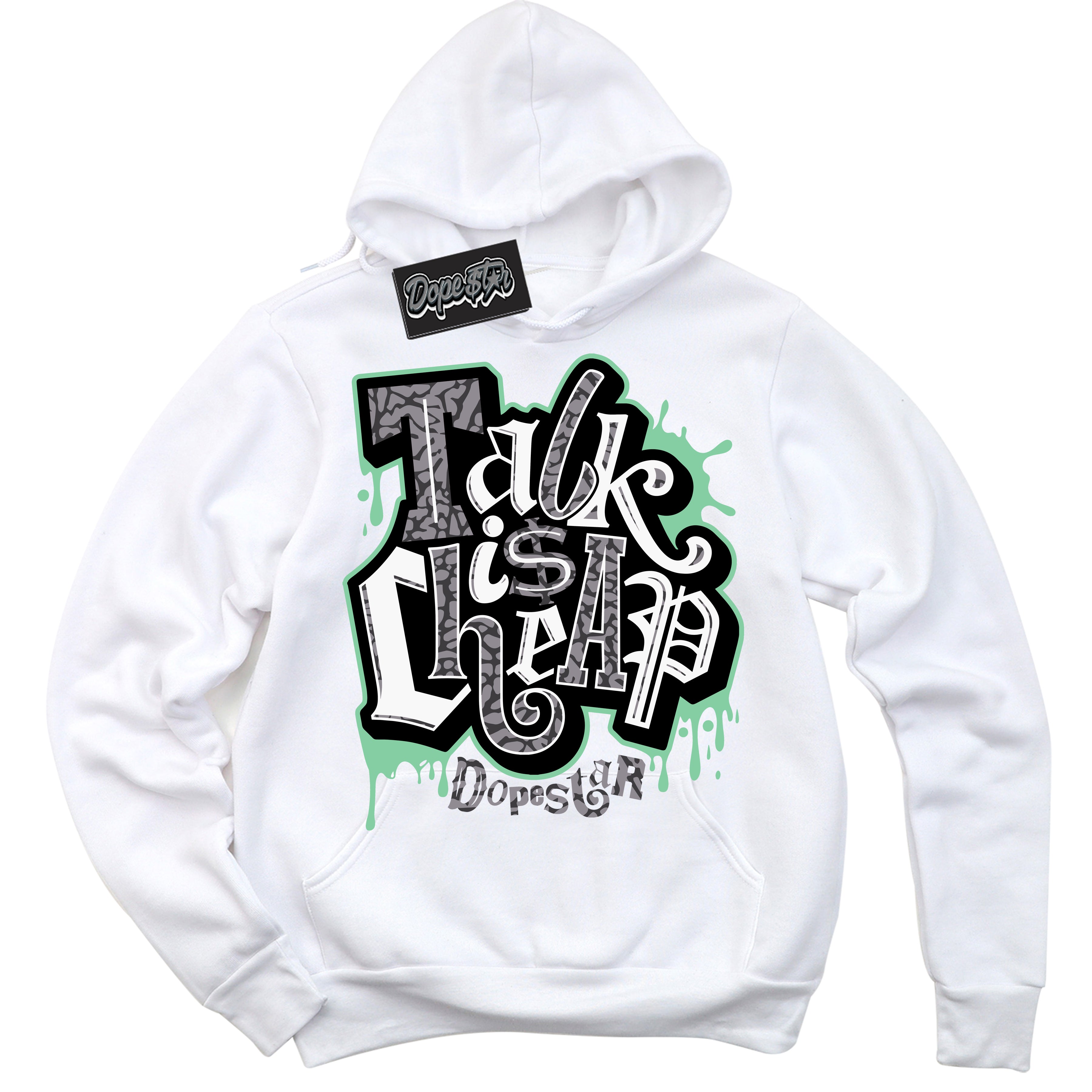 Cool White Graphic DopeStar Hoodie with “ Talk Is Cheap“ print, that perfectly matches Green Glow 3s sneakers