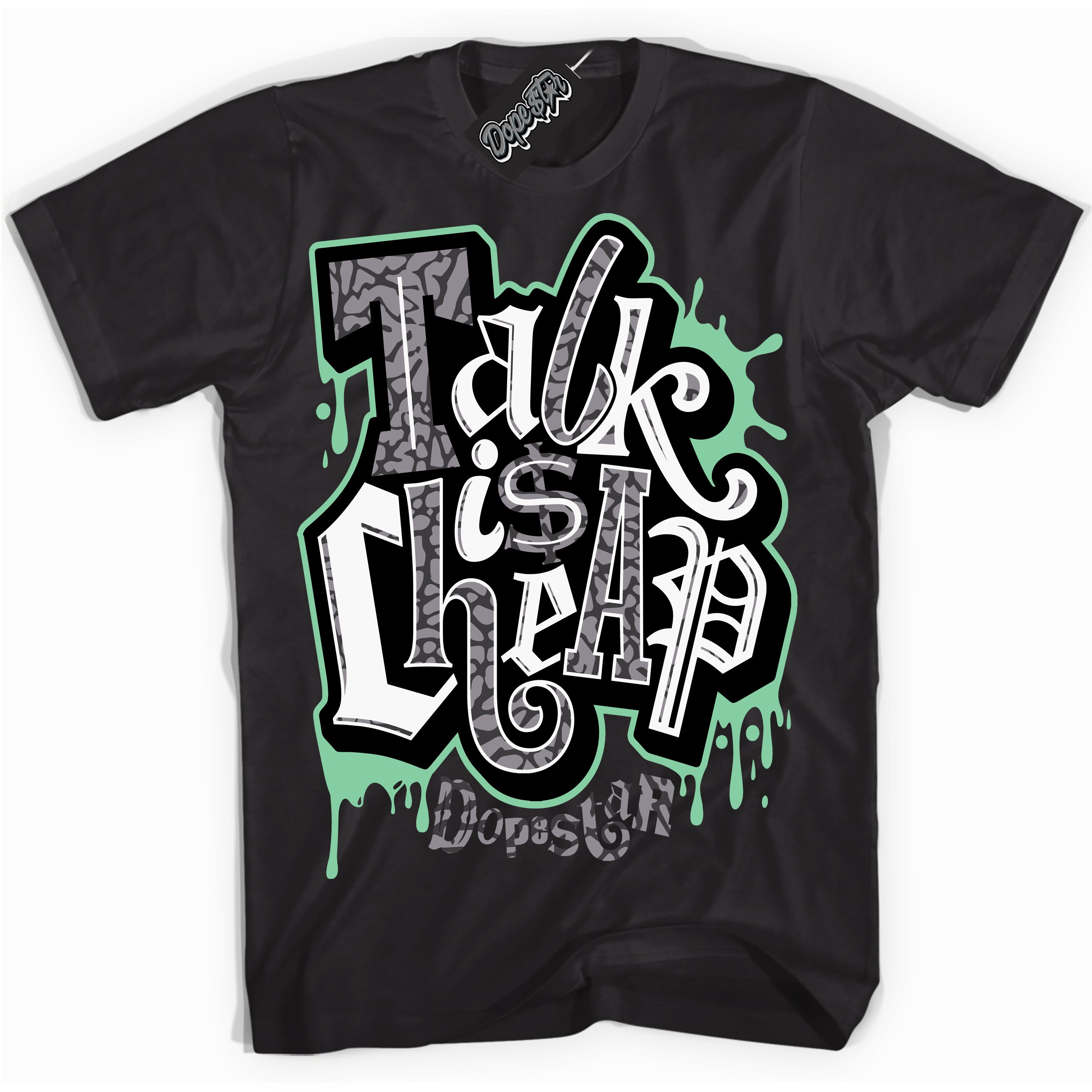 Cool Black graphic tee with “ Talk Is Cheap ” design, that perfectly matches Green Glow 3s sneakers 