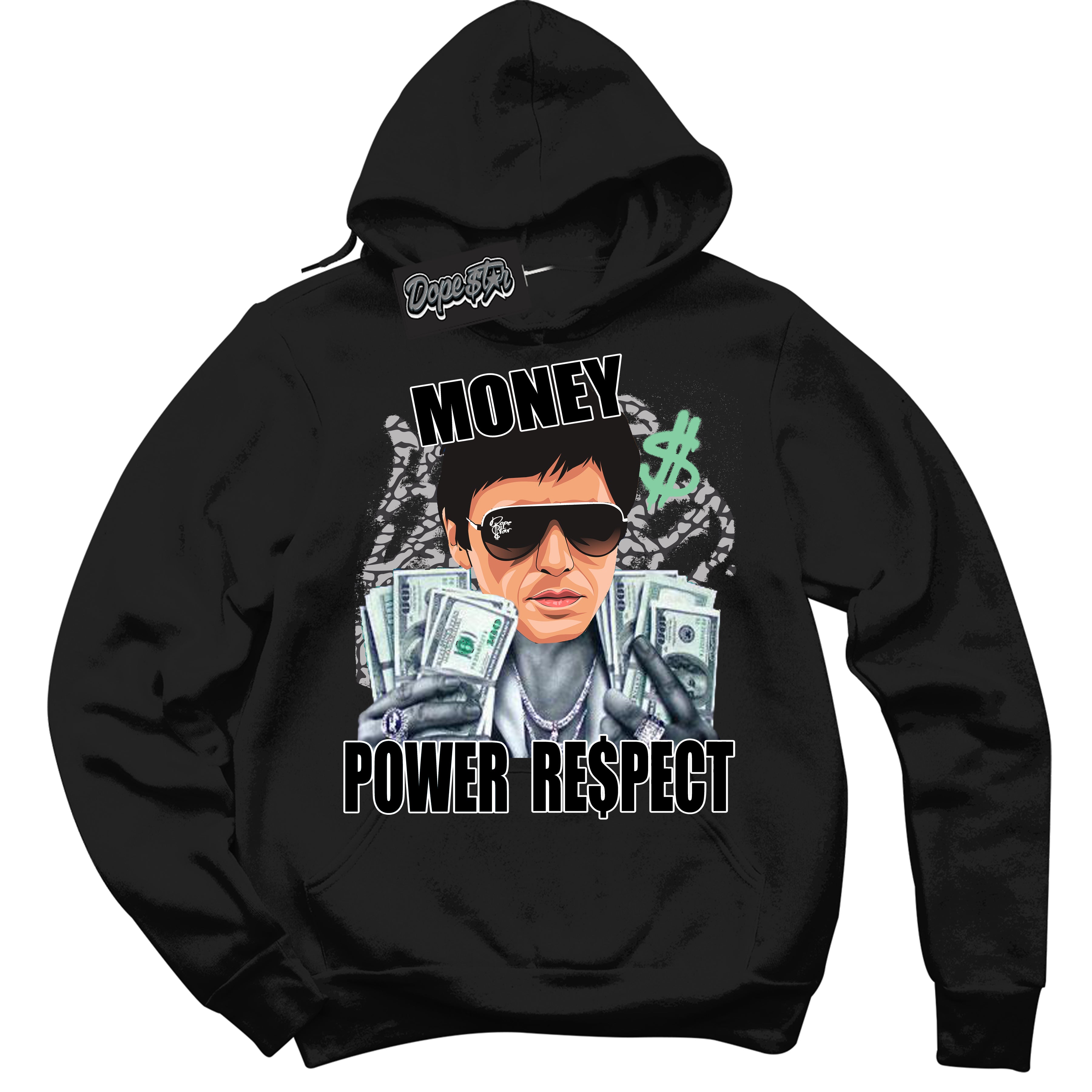 Cool Black Graphic DopeStar Hoodie with “ Tony Montana “ print, that perfectly matches Green Glow 3S sneakers