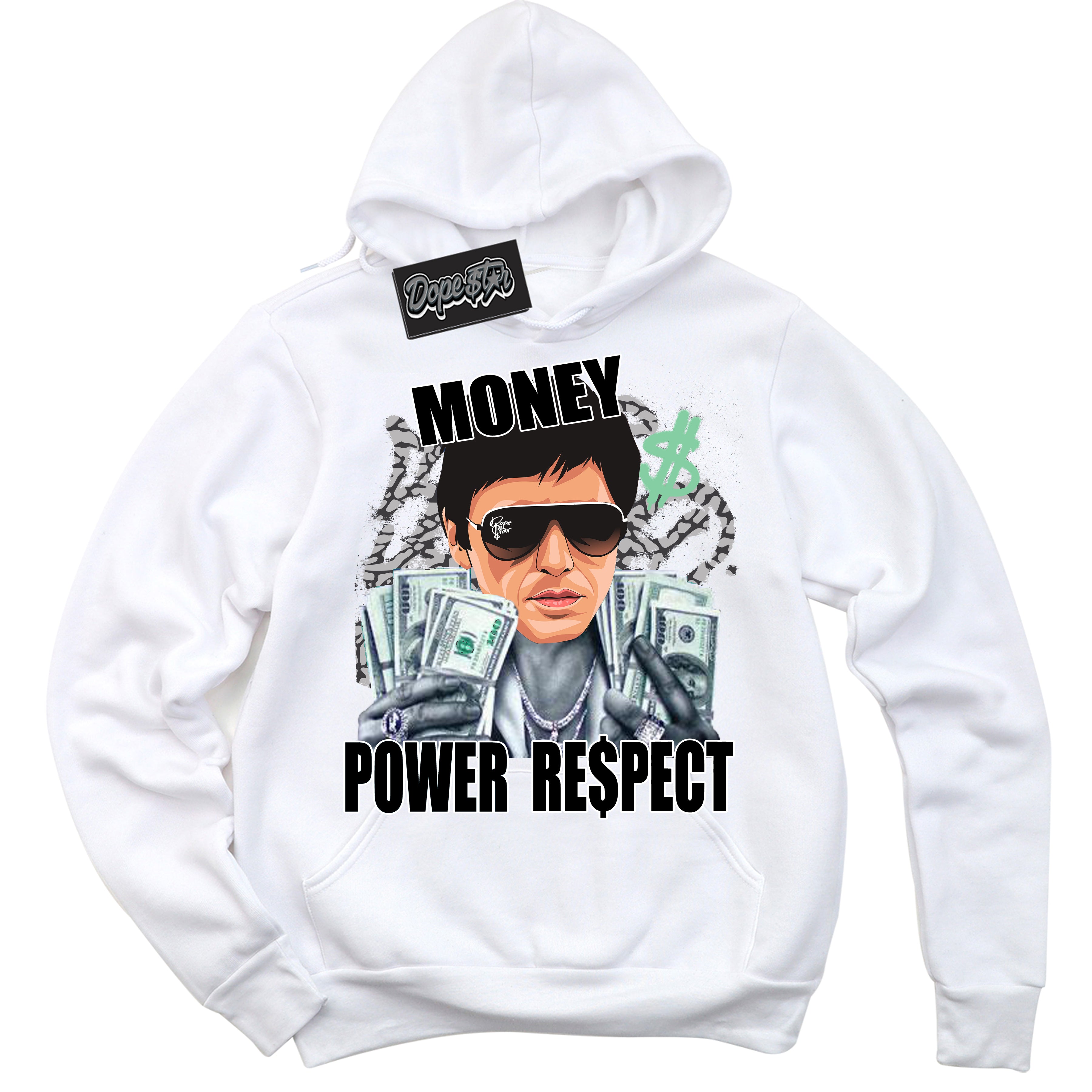 Cool White Graphic DopeStar Hoodie with “ Tony Montana “ print, that perfectly matches Green Glow 3s sneakers