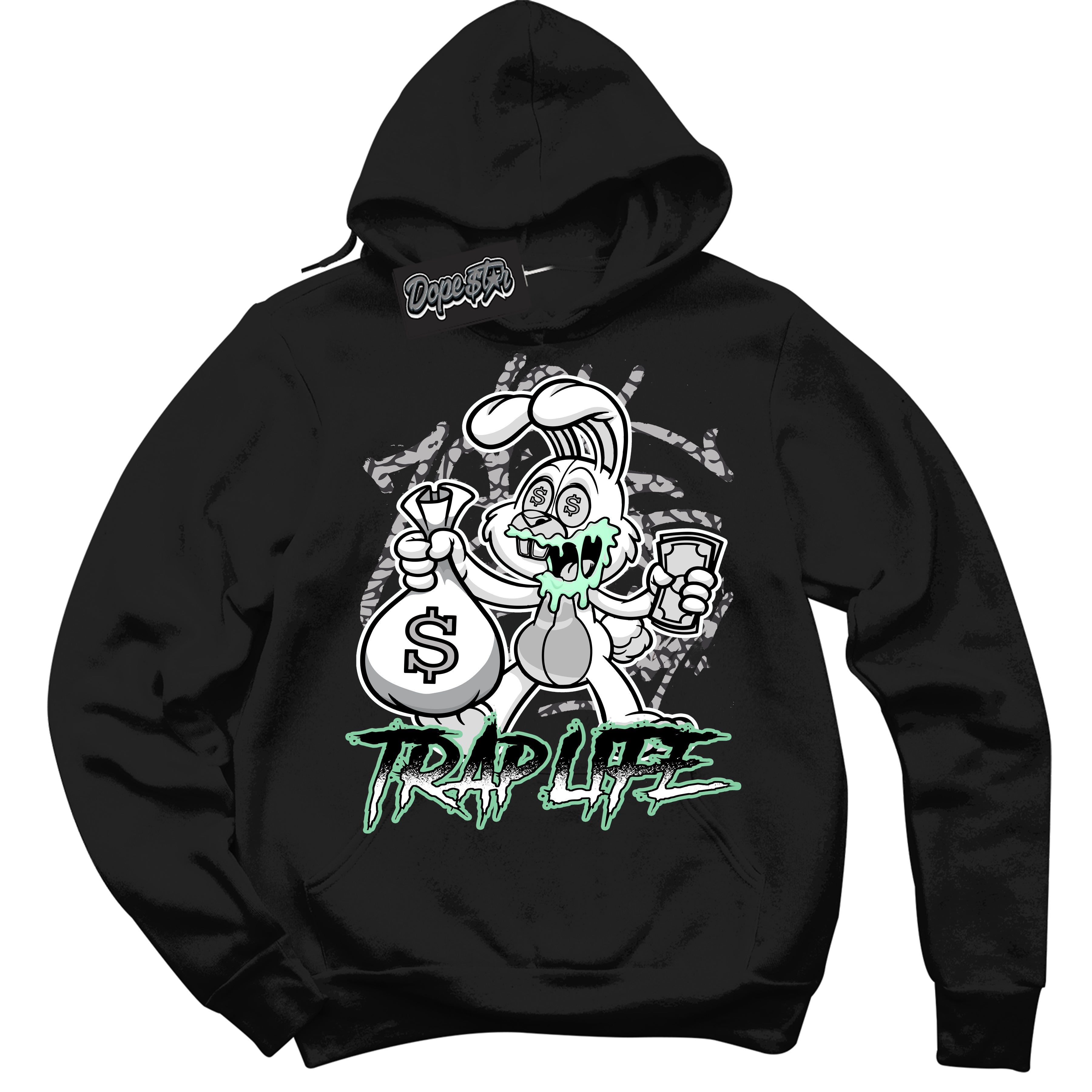 Cool Black Graphic DopeStar Hoodie with “ Trap Rabbit “ print, that perfectly matches Green Glow 3S sneakers