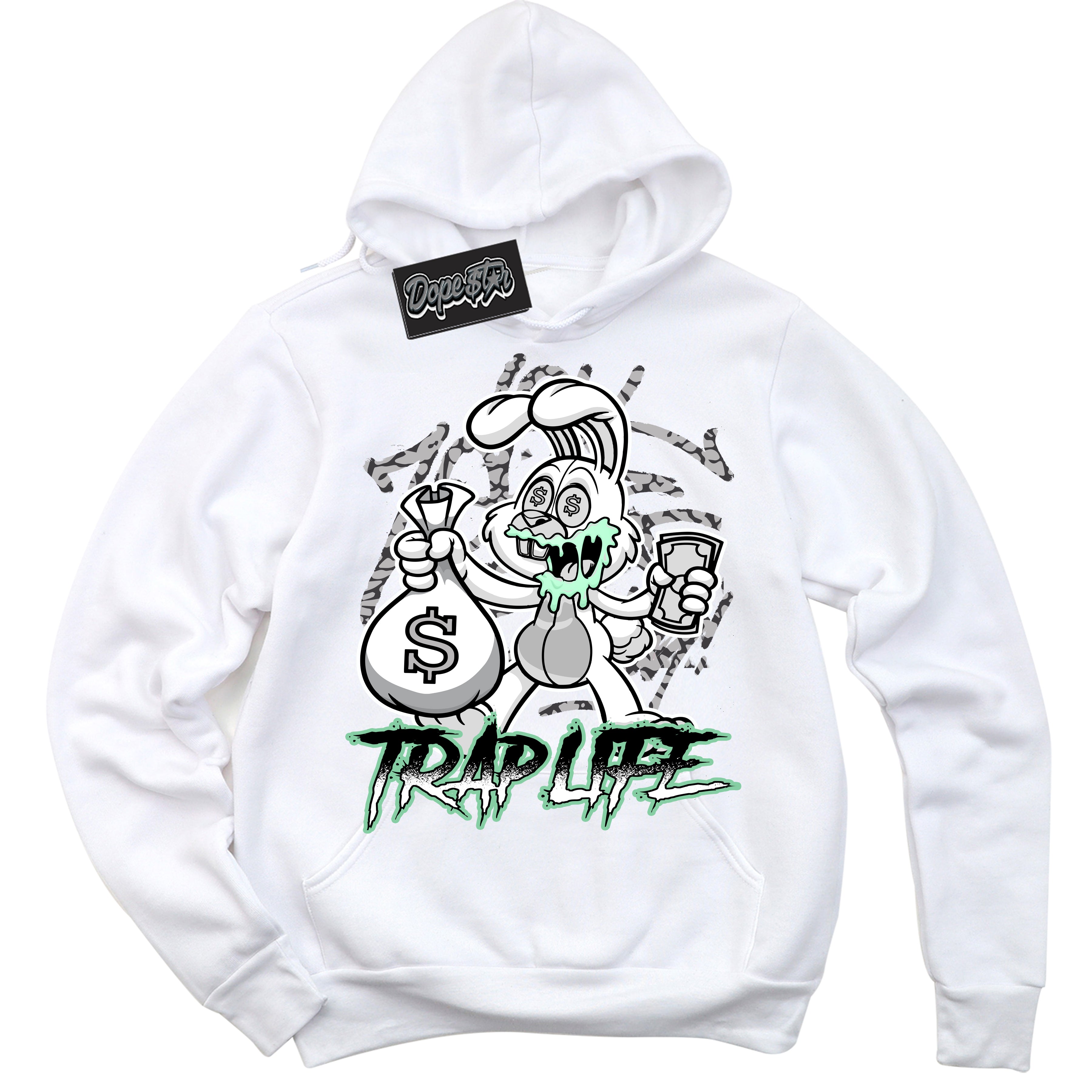 Cool White Graphic DopeStar Hoodie with “ Trap Rabbit “ print, that perfectly matches Green Glow 3s sneakers