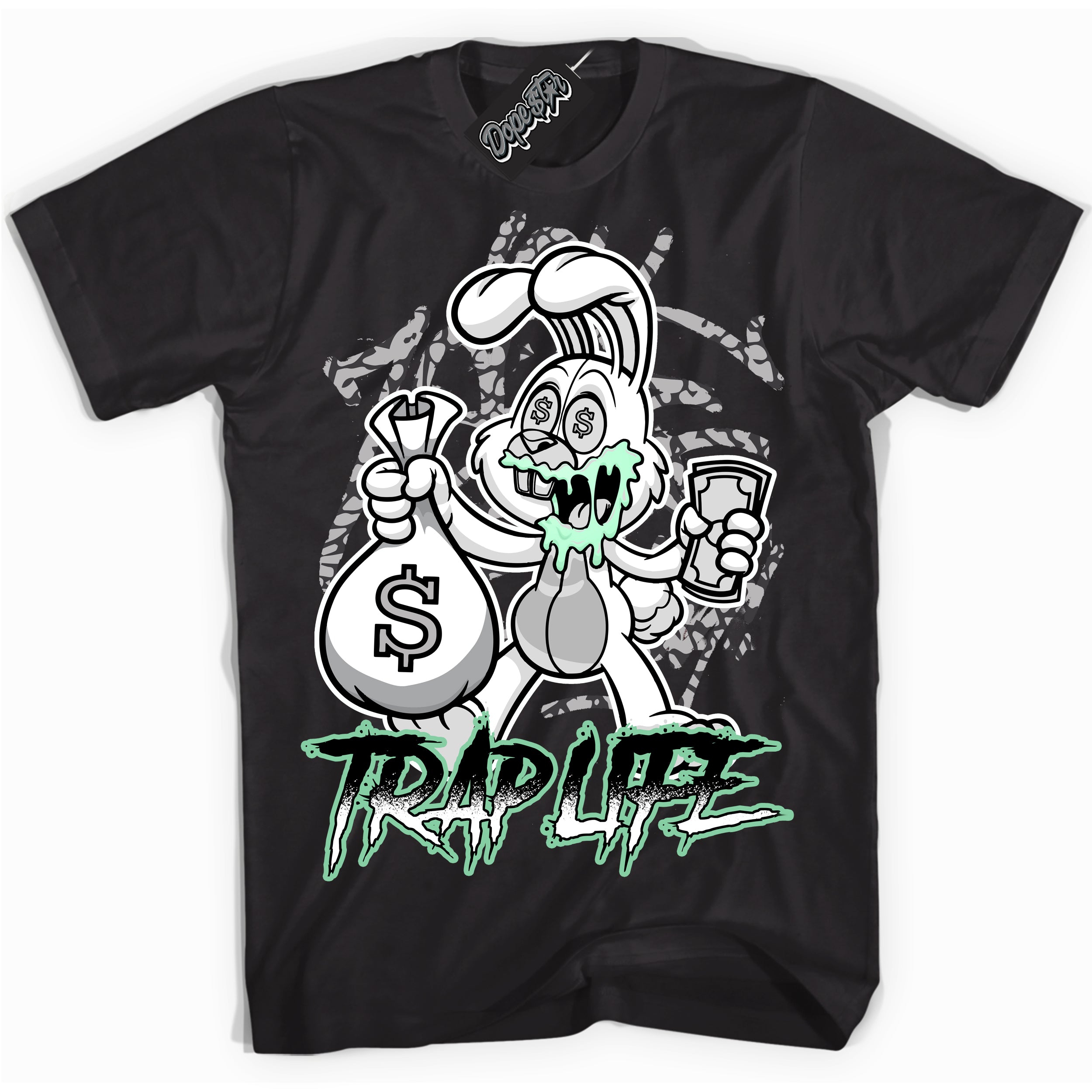Cool Black graphic tee with “ Trap Rabbit ” design, that perfectly matches Green Glow 3s sneakers 