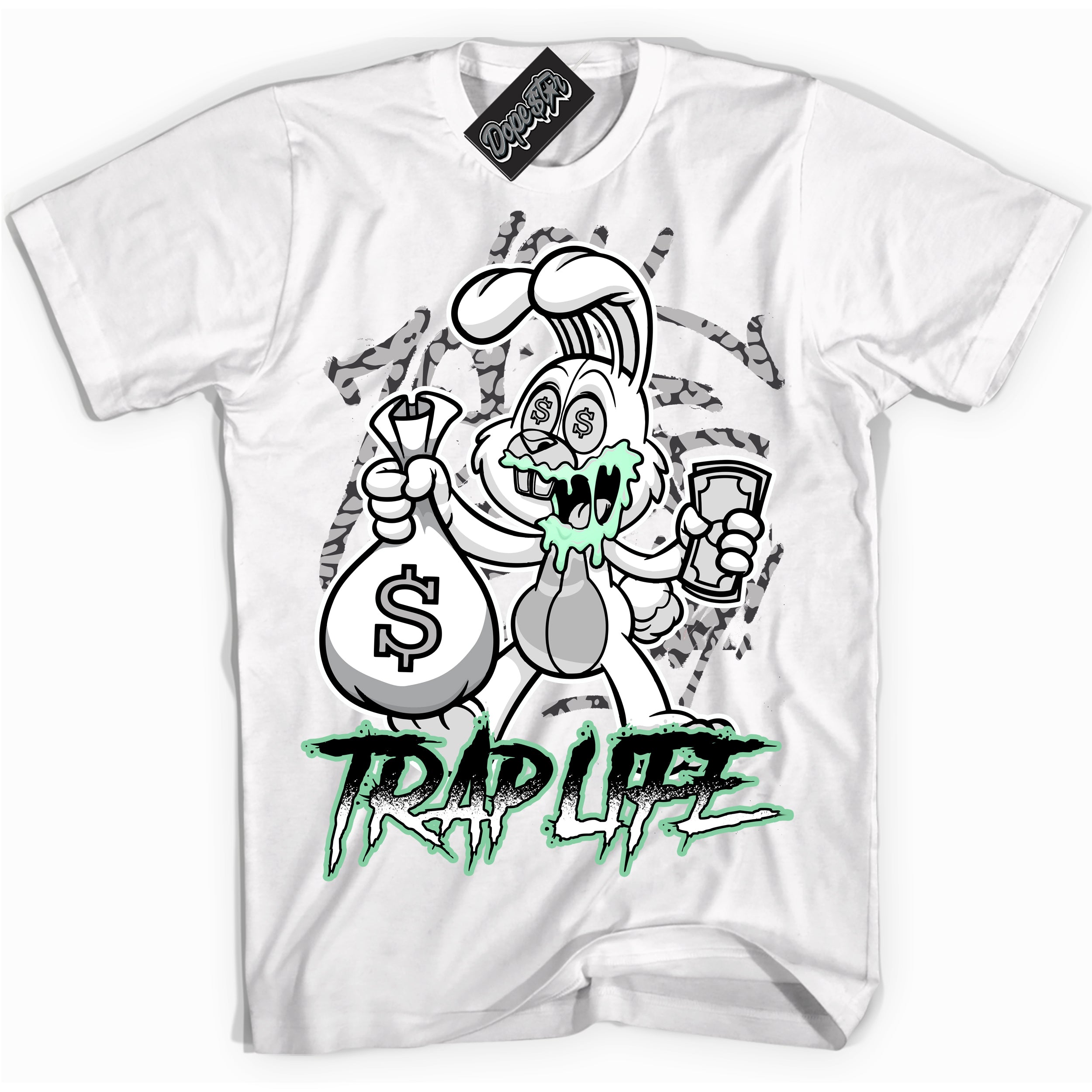 Cool White graphic tee with “ Trap Rabbit ” design, that perfectly matches Green Glow 3s sneakers 
