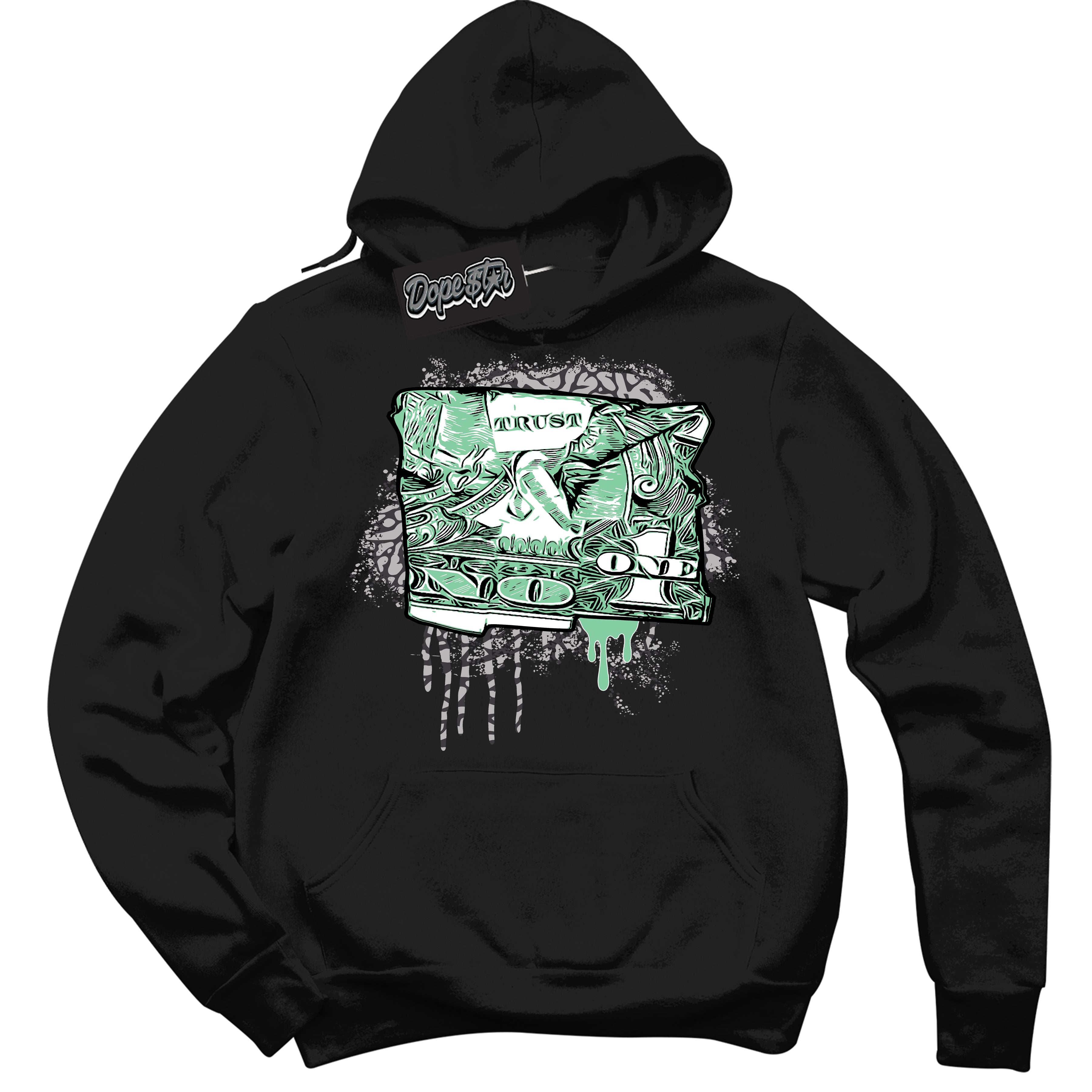 Cool Black Graphic DopeStar Hoodie with “ Trust No One Dollar “ print, that perfectly matches Green Glow 3S sneakers