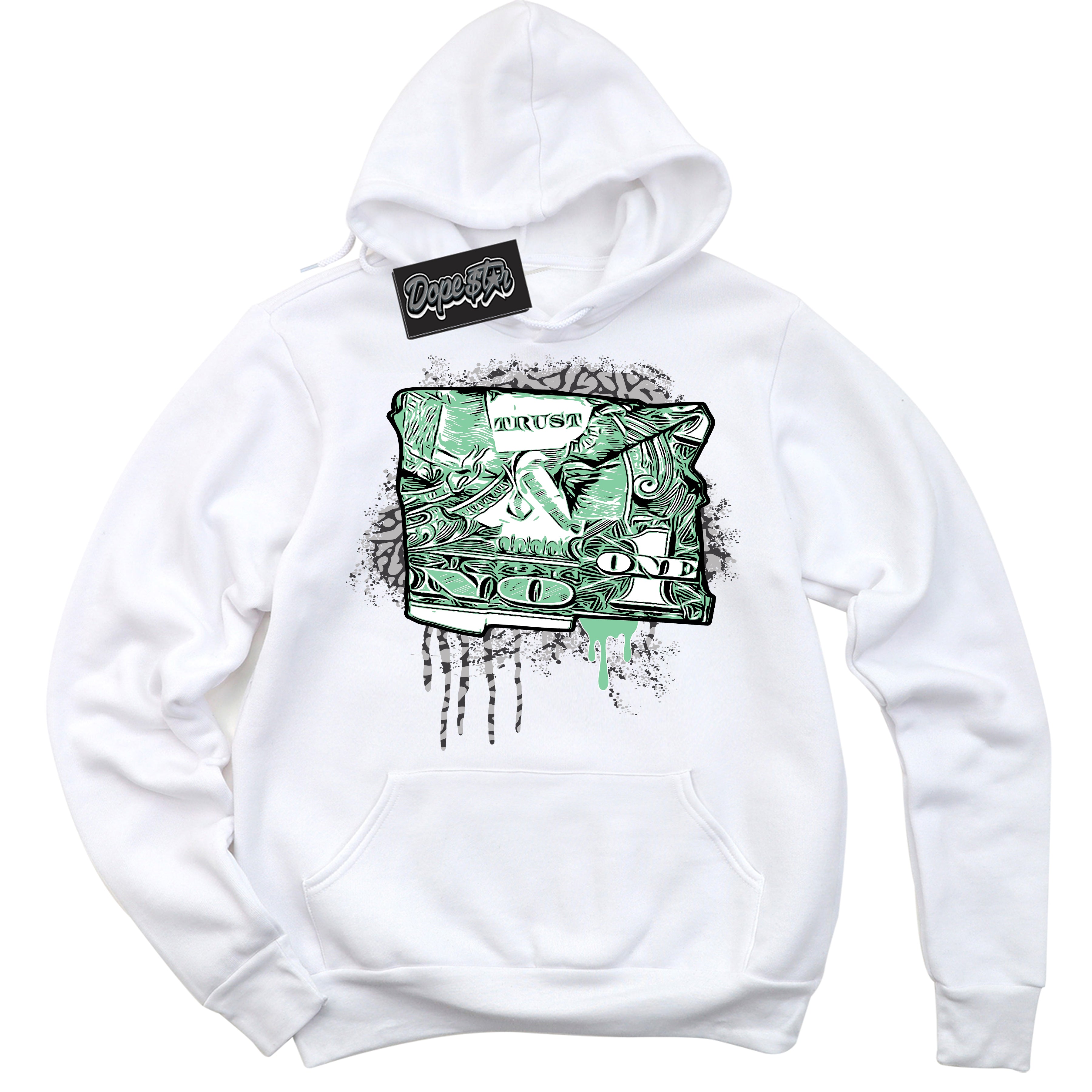 Cool White Graphic DopeStar Hoodie with “ Trust No One Dollar “ print, that perfectly matches Green Glow 3s sneakers