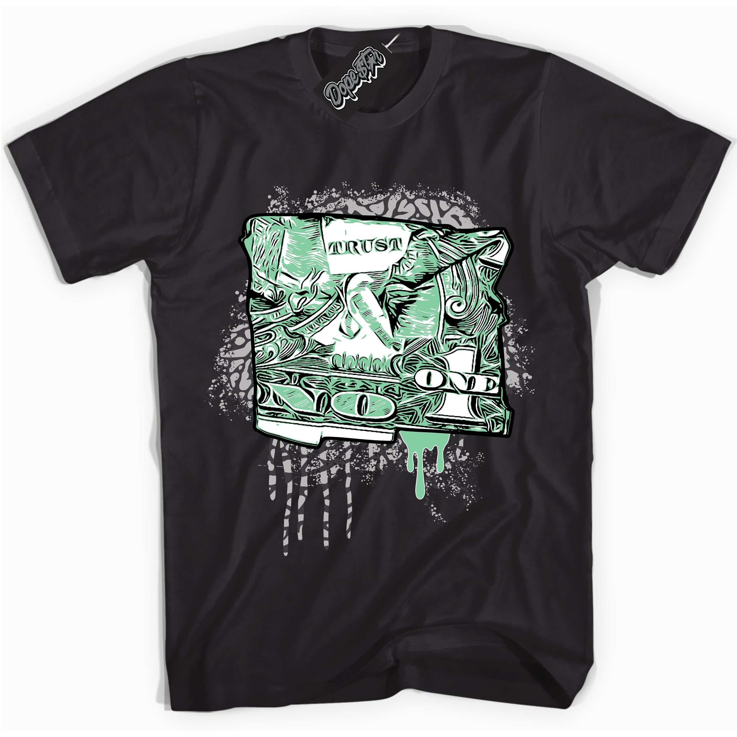 Cool Black graphic tee with “ Trust No One Dollar ” design, that perfectly matches Green Glow 3s sneakers 