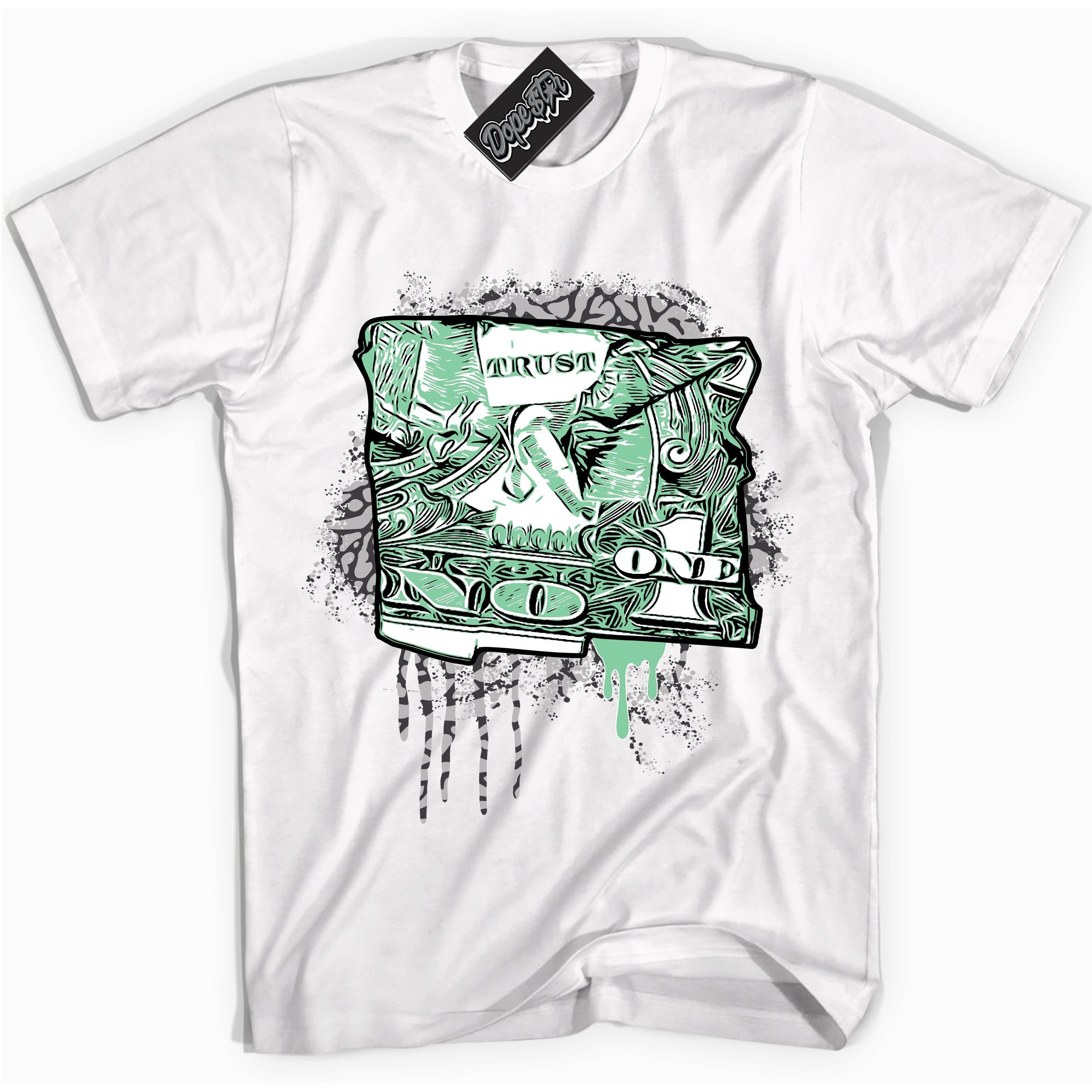 Cool White graphic tee with “ Trust No One Dollar ” design, that perfectly matches Green Glow 3s sneakers 