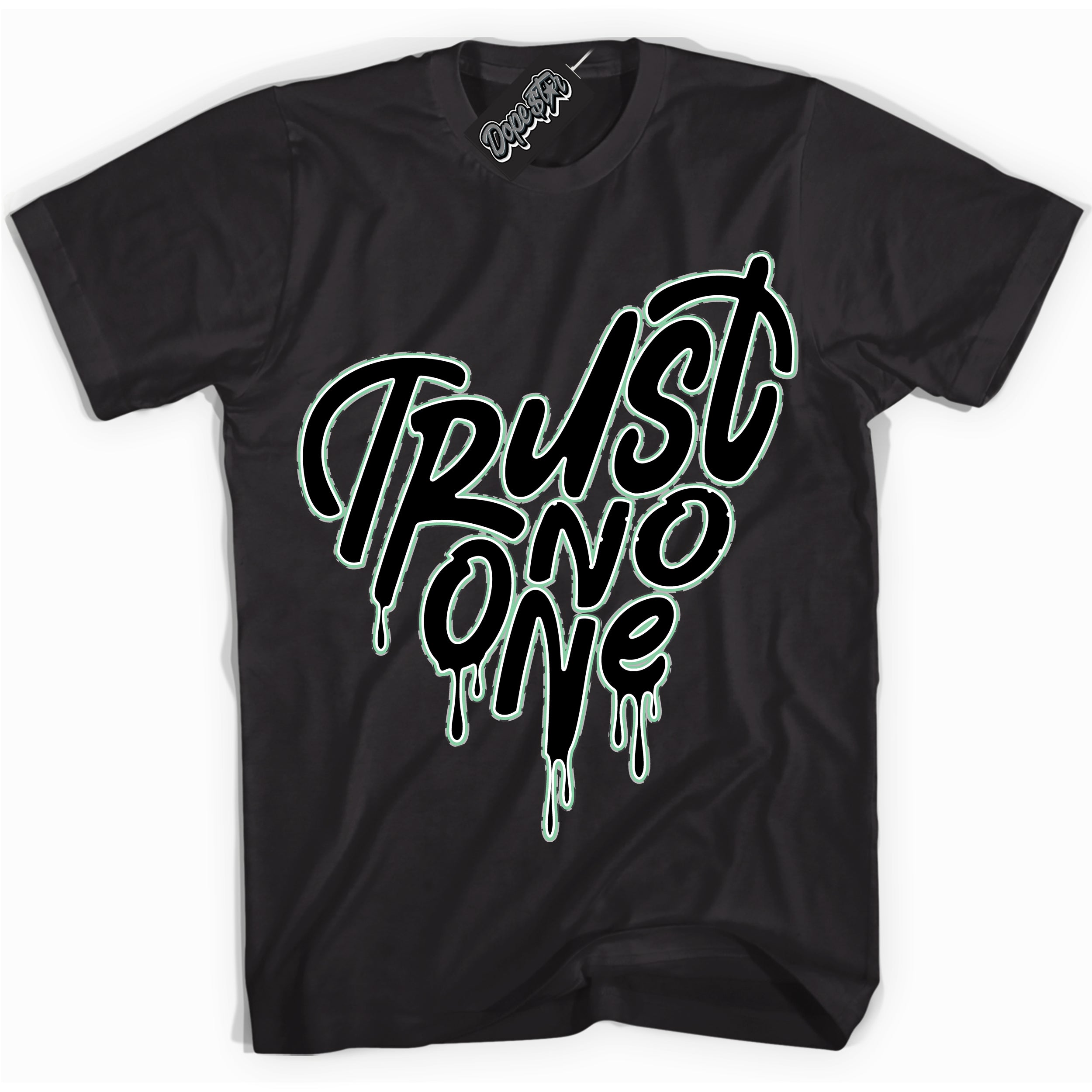 Cool Black graphic tee with “ Trust No One Heart ” design, that perfectly matches Green Glow 3s sneakers 
