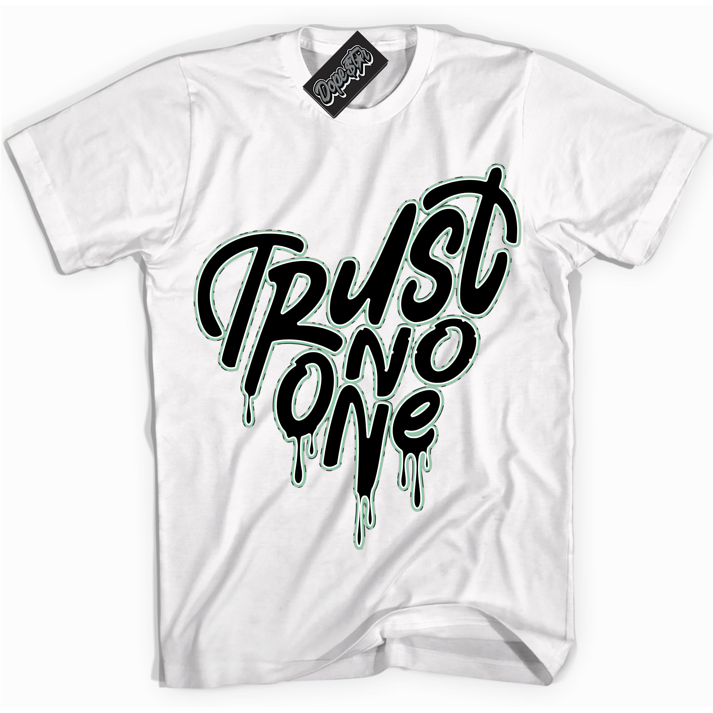 Cool White graphic tee with “ Trust No One Heart ” design, that perfectly matches Green Glow 3s sneakers 