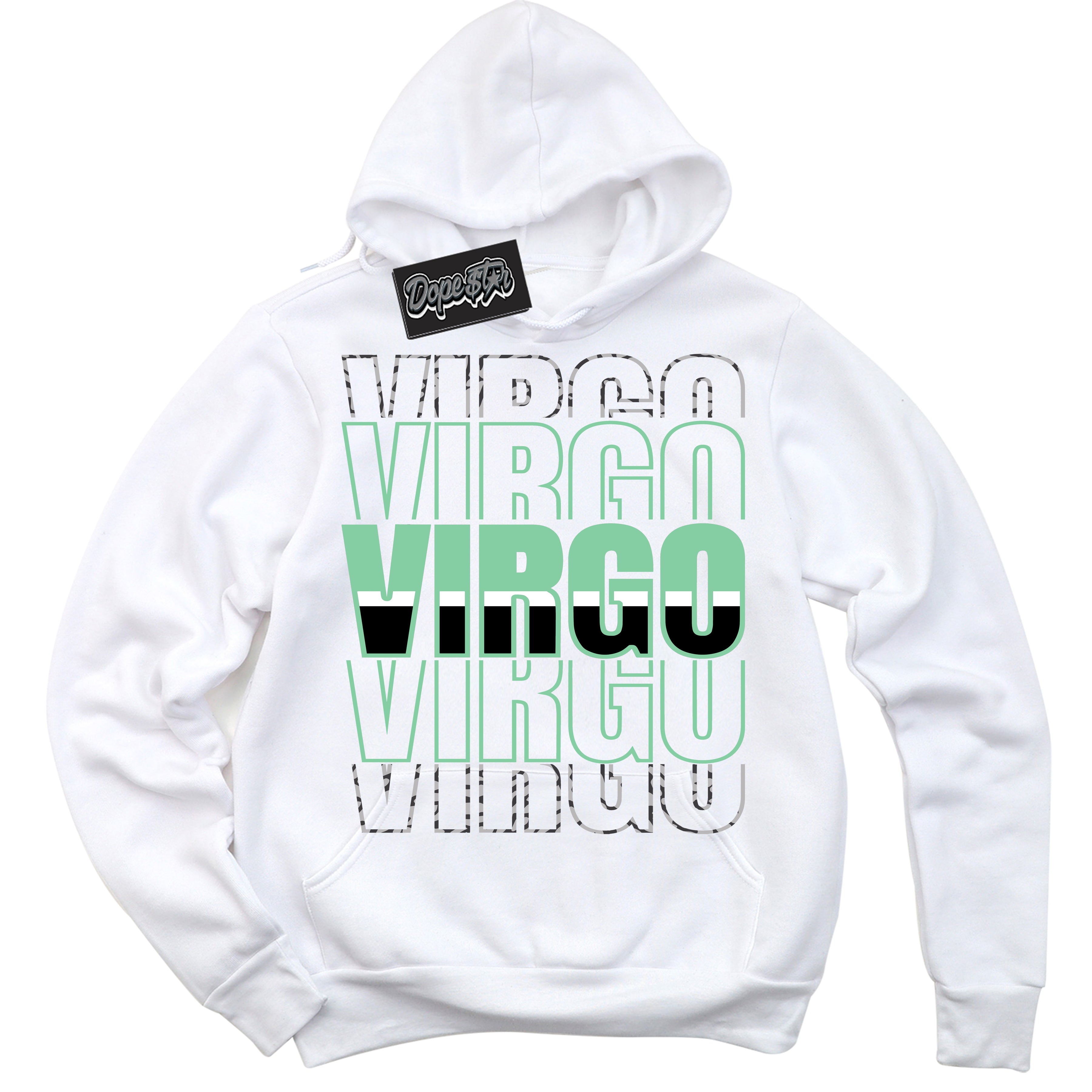 Cool White Graphic DopeStar Hoodie with “ Virgo “ print, that perfectly matches Green Glow 3s sneakers