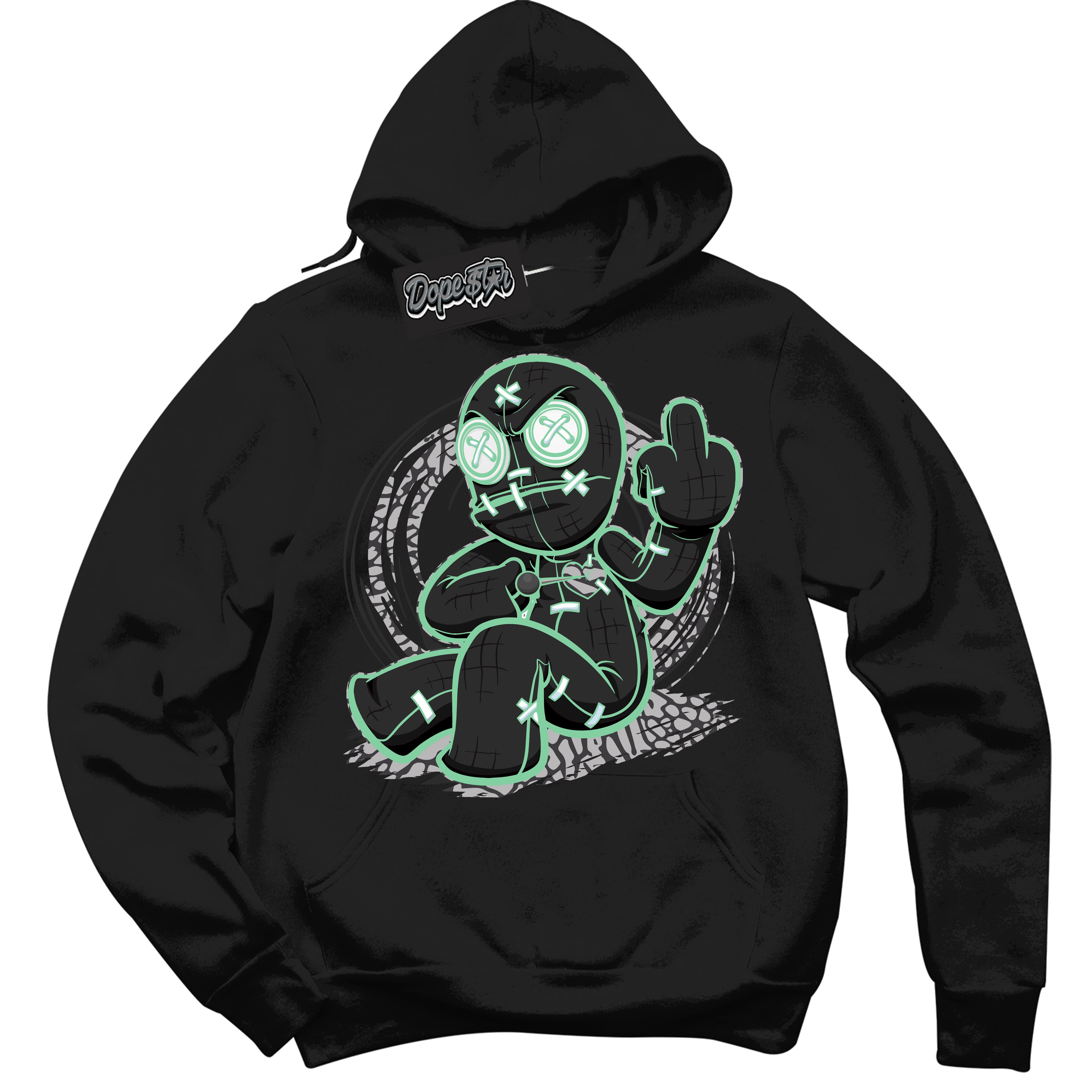 Cool Black Graphic DopeStar Hoodie with “ VooDoo Doll “ print, that perfectly matches Green Glow 3S sneakers