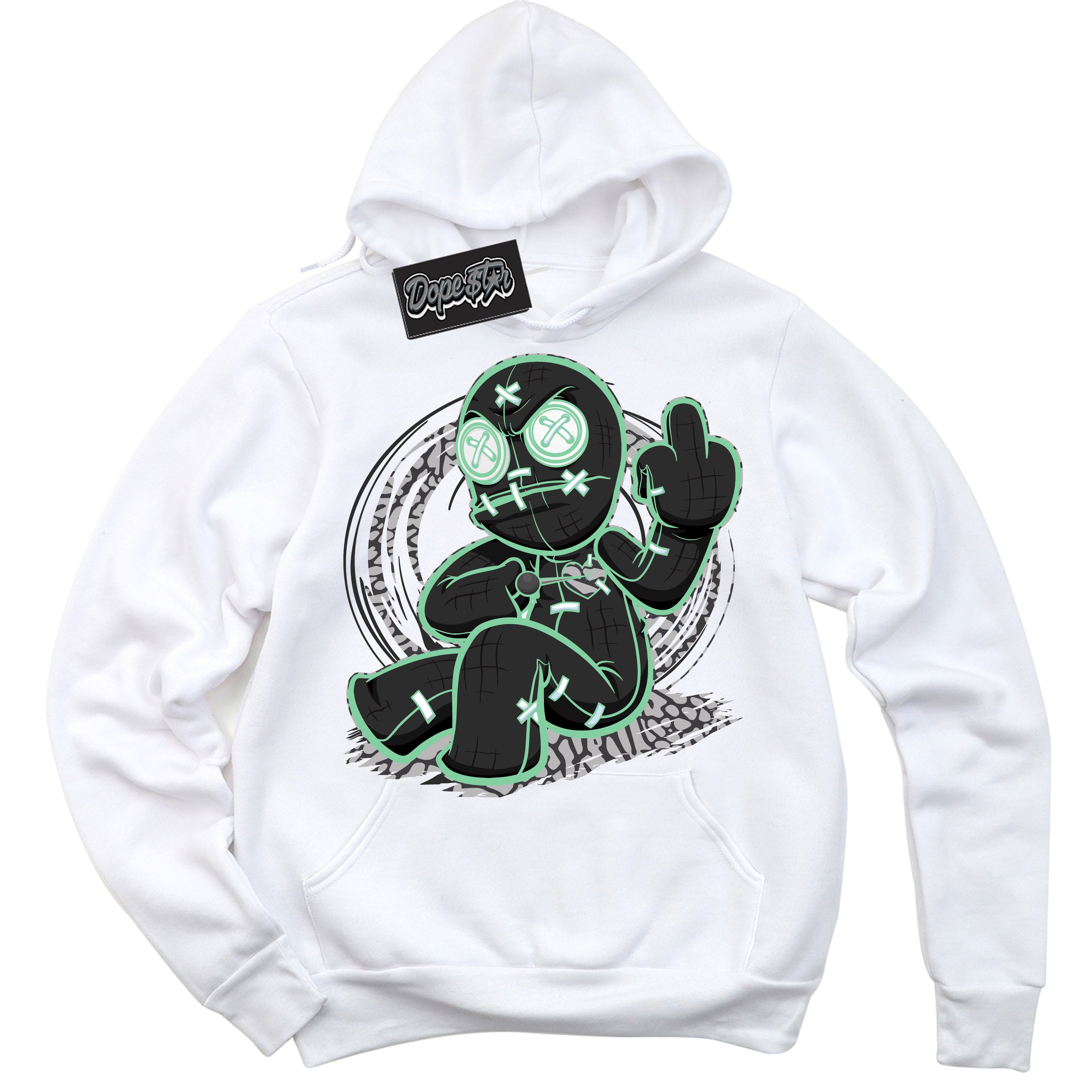 Cool White Graphic DopeStar Hoodie with “ VooDoo Doll “ print, that perfectly matches Green Glow 3s sneakers
