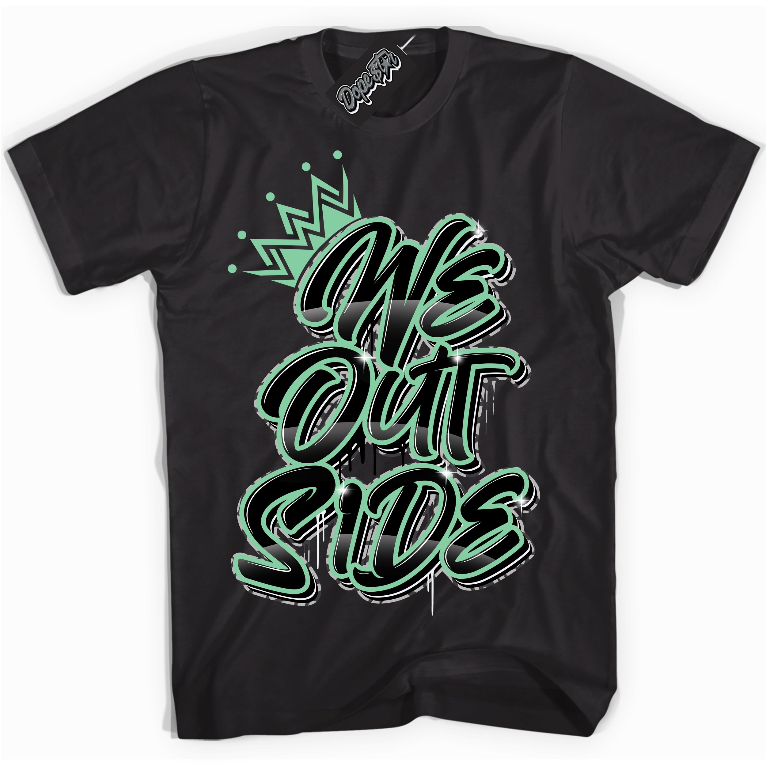 Cool Black graphic tee with “ We Outside ” design, that perfectly matches Green Glow 3s sneakers 