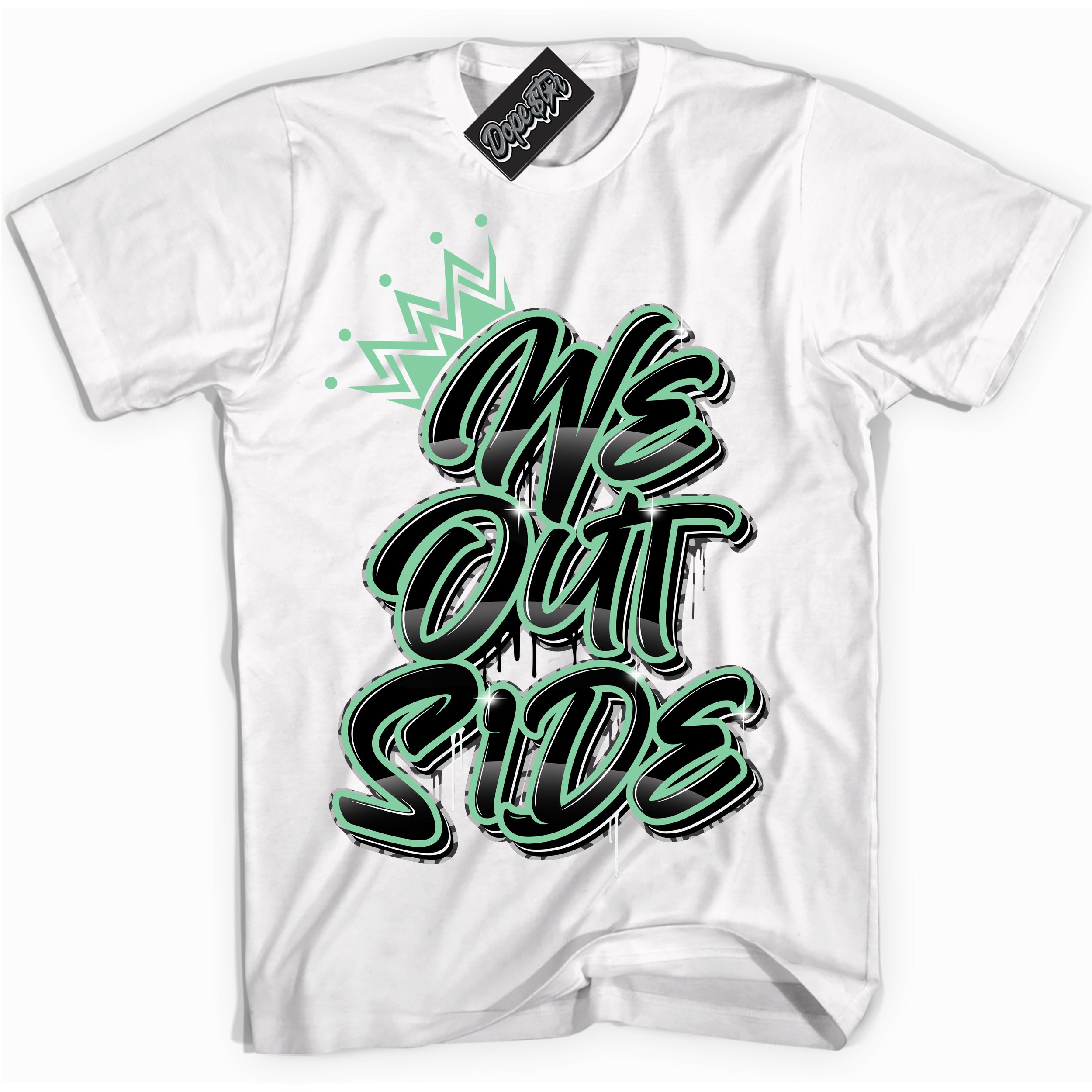 Cool White graphic tee with “ We Outside ” design, that perfectly matches Green Glow 3s sneakers 