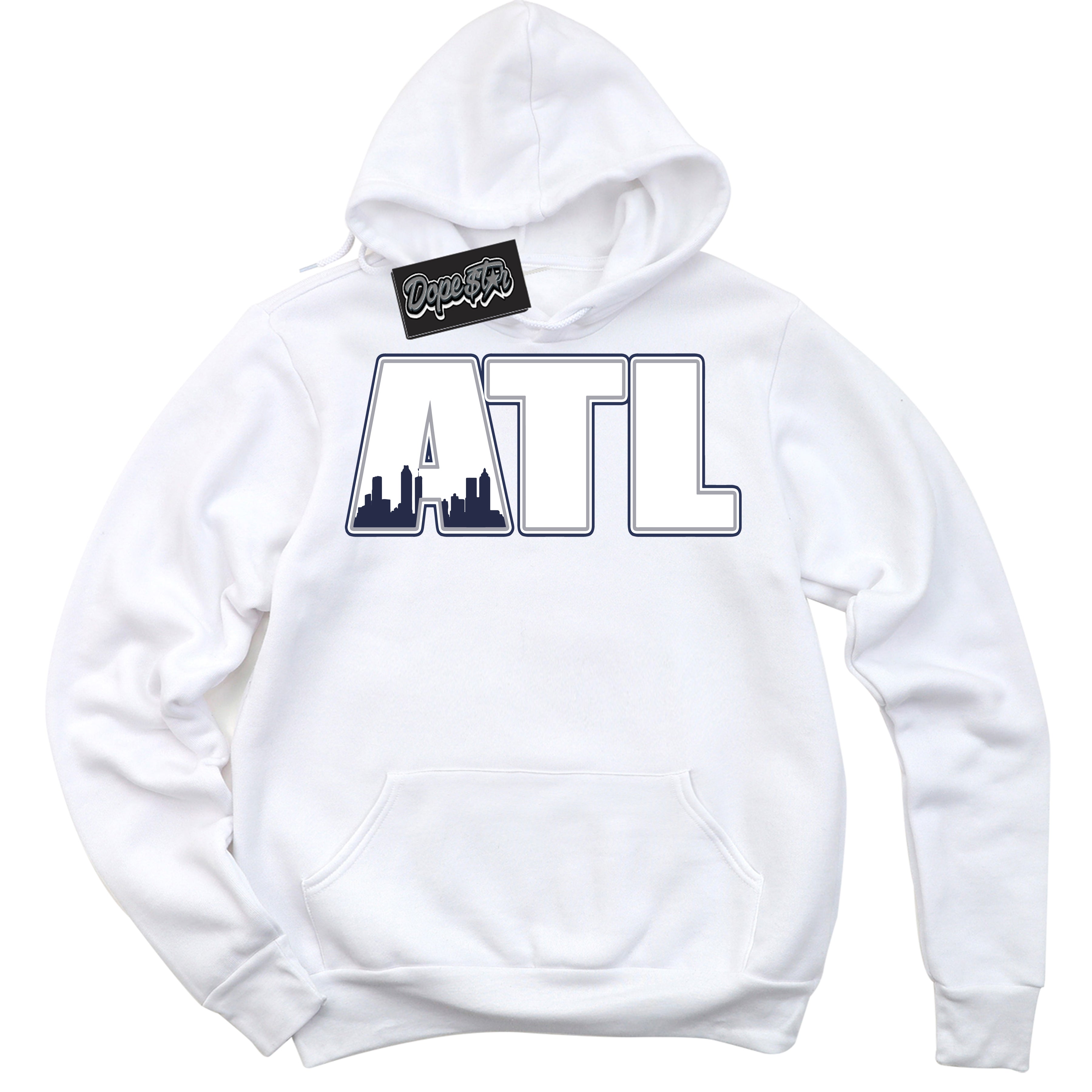 AJ3 Retro Midnight Navy 'Atlanta' Hoodie- White Streetwear Mockup | Sneakerhead Hoodie Matching Midnight Navy AJ3 Retro | Jordan 3 Retro Midnight Navy hoodie for Men & Women | Matching outfits with your Midnight Navy 3s Kicks | Sneakerhead Fashion Must-Have.