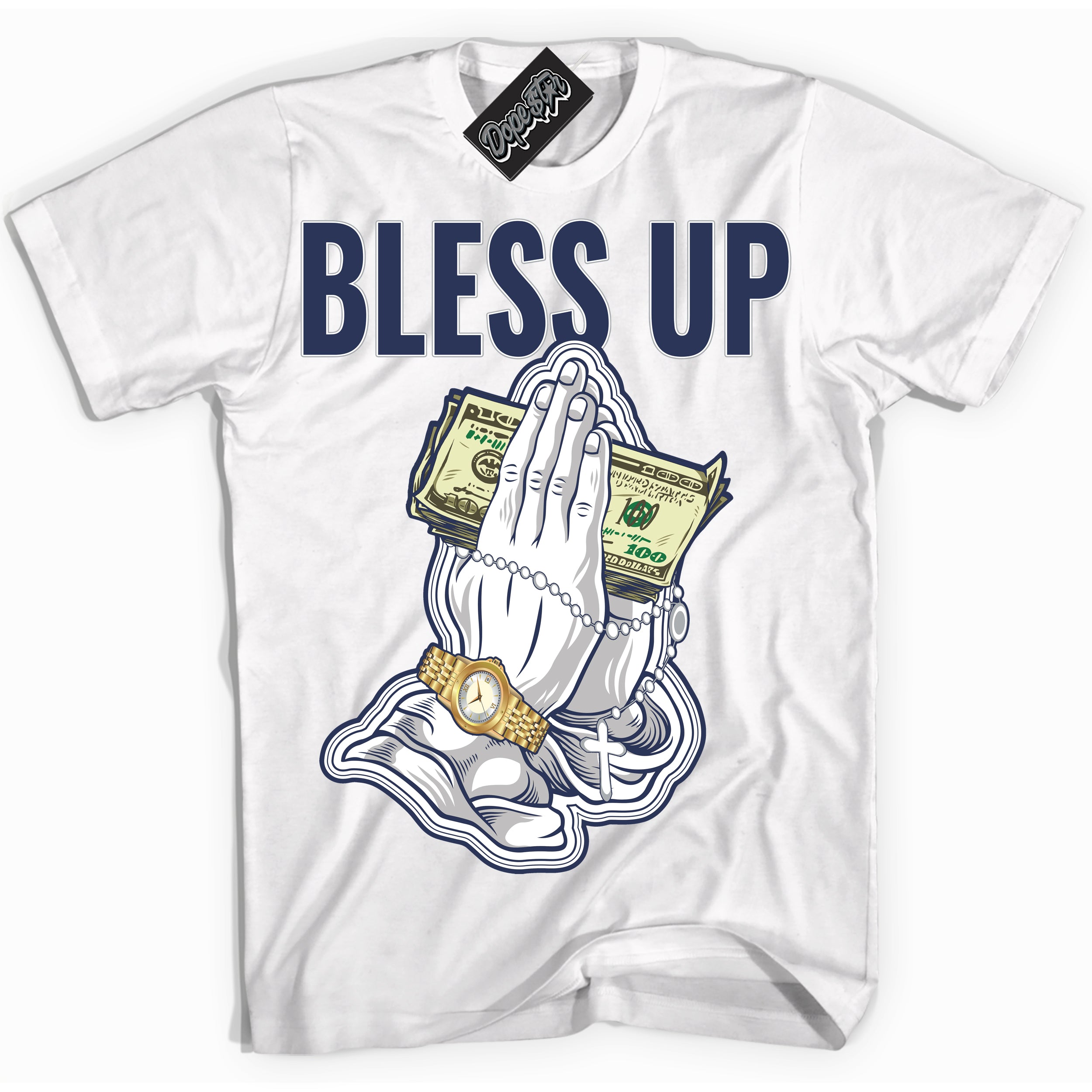 AJ3 Retro Midnight Navy 'Bless Up' Shirt - White Streetwear Mockup | Sneakerhead T-shirt Matching Midnight Navy AJ3 Retro | Jordan 3 Retro Midnight Navy Shirt for Men & Women | Matching outfits with your Midnight Navy 3s Kicks | Sneakerhead Fashion Must-Have.