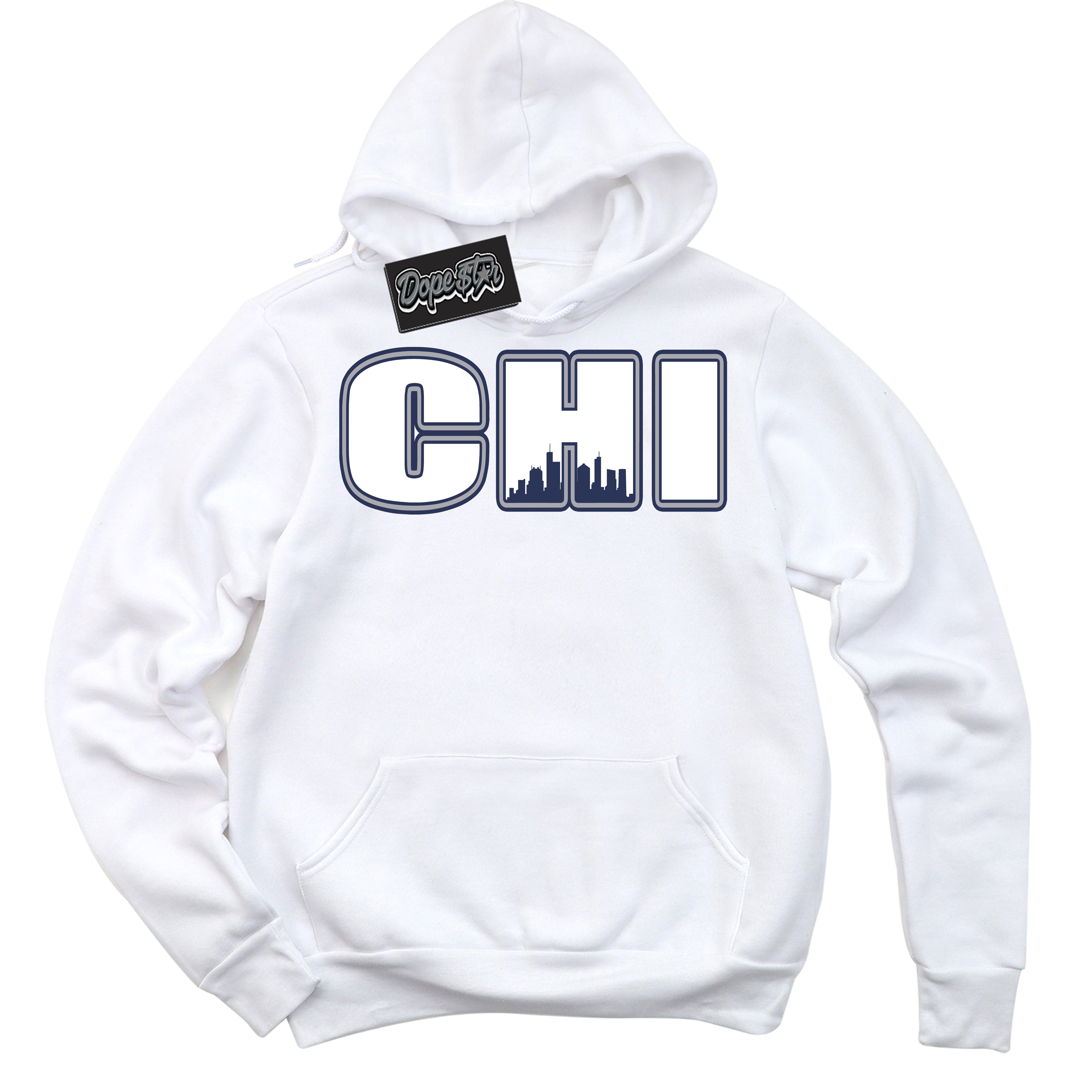 AJ3 Retro Midnight Navy 'Chicago' Hoodie- White Streetwear Mockup | Sneakerhead Hoodie Matching Midnight Navy AJ3 Retro | Jordan 3 Retro Midnight Navy hoodie for Men & Women | Matching outfits with your Midnight Navy 3s Kicks | Sneakerhead Fashion Must-Have.