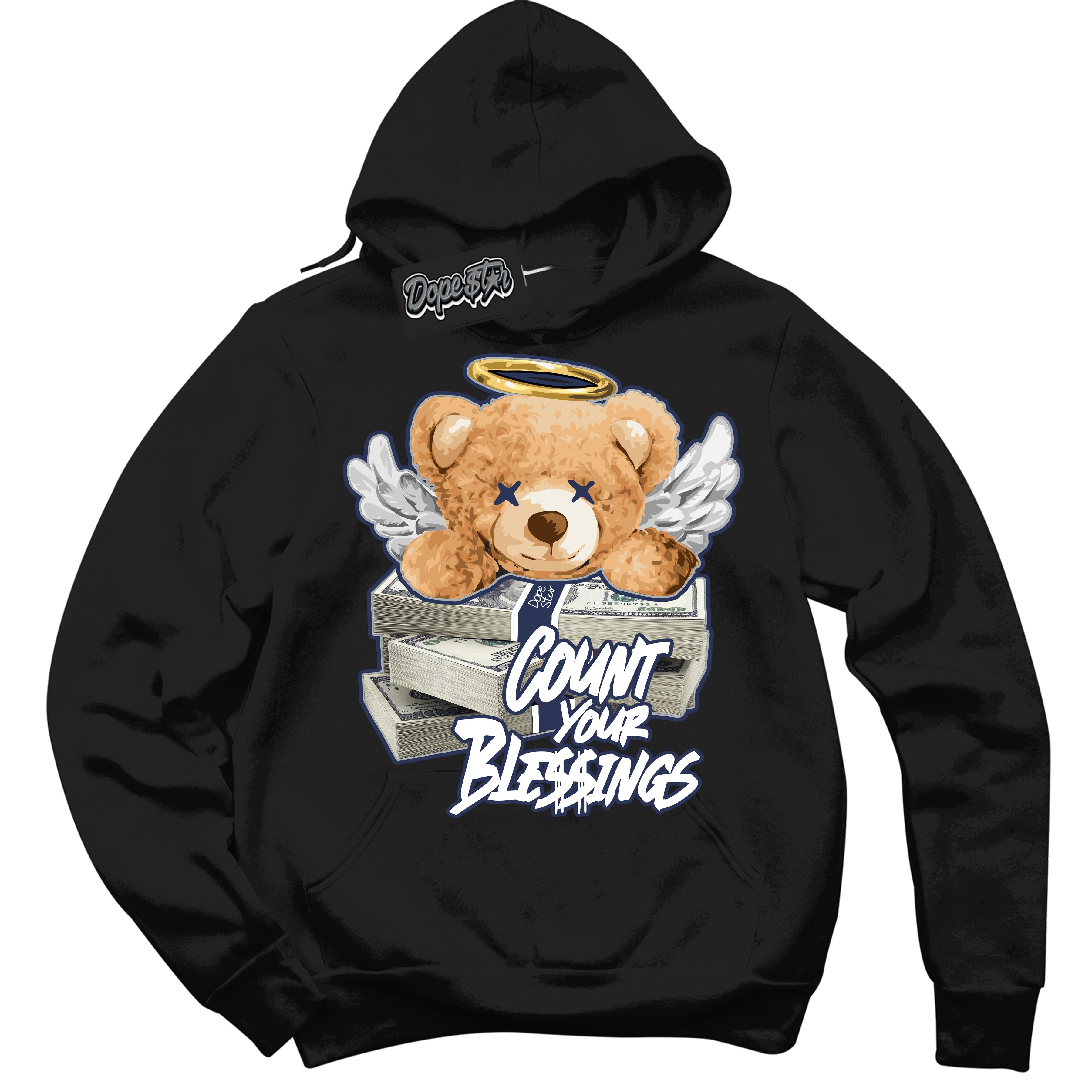 AJ3 Retro Midnight Navy 'Count Your Blessings' Hoodie- Black Streetwear Mockup | Sneakerhead Hoodie Matching Midnight Navy AJ3 Retro | Jordan 3 Retro Midnight Navy hoodie for Men & Women | Matching outfits with your Midnight Navy 3s Kicks | Sneakerhead Fashion Must-Have.