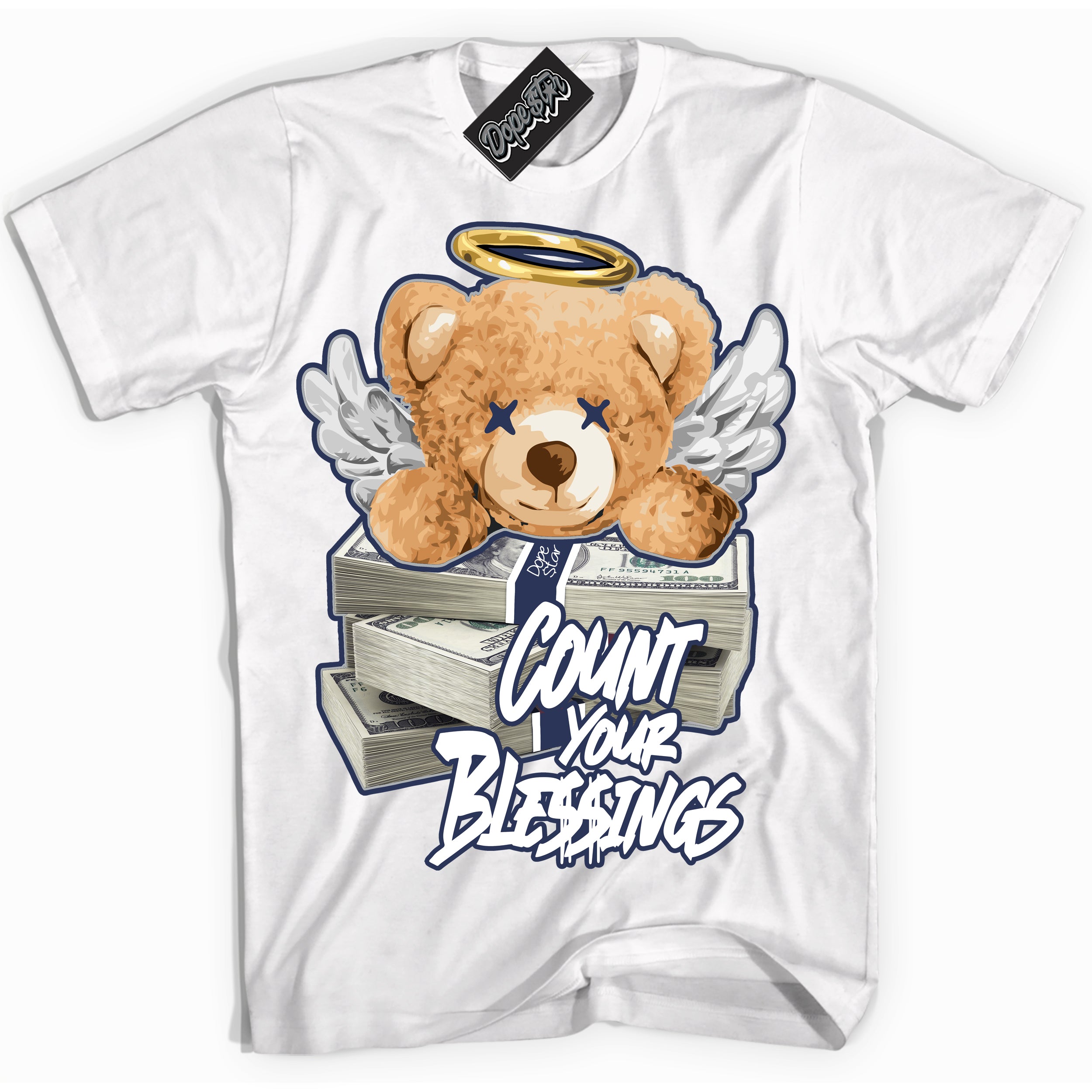 AJ3 Retro Midnight Navy 'Count Your Blessings' Shirt - White Streetwear Mockup | Sneakerhead T-shirt Matching Midnight Navy AJ3 Retro | Jordan 3 Retro Midnight Navy Shirt for Men & Women | Matching outfits with your Midnight Navy 3s Kicks | Sneakerhead Fashion Must-Have.