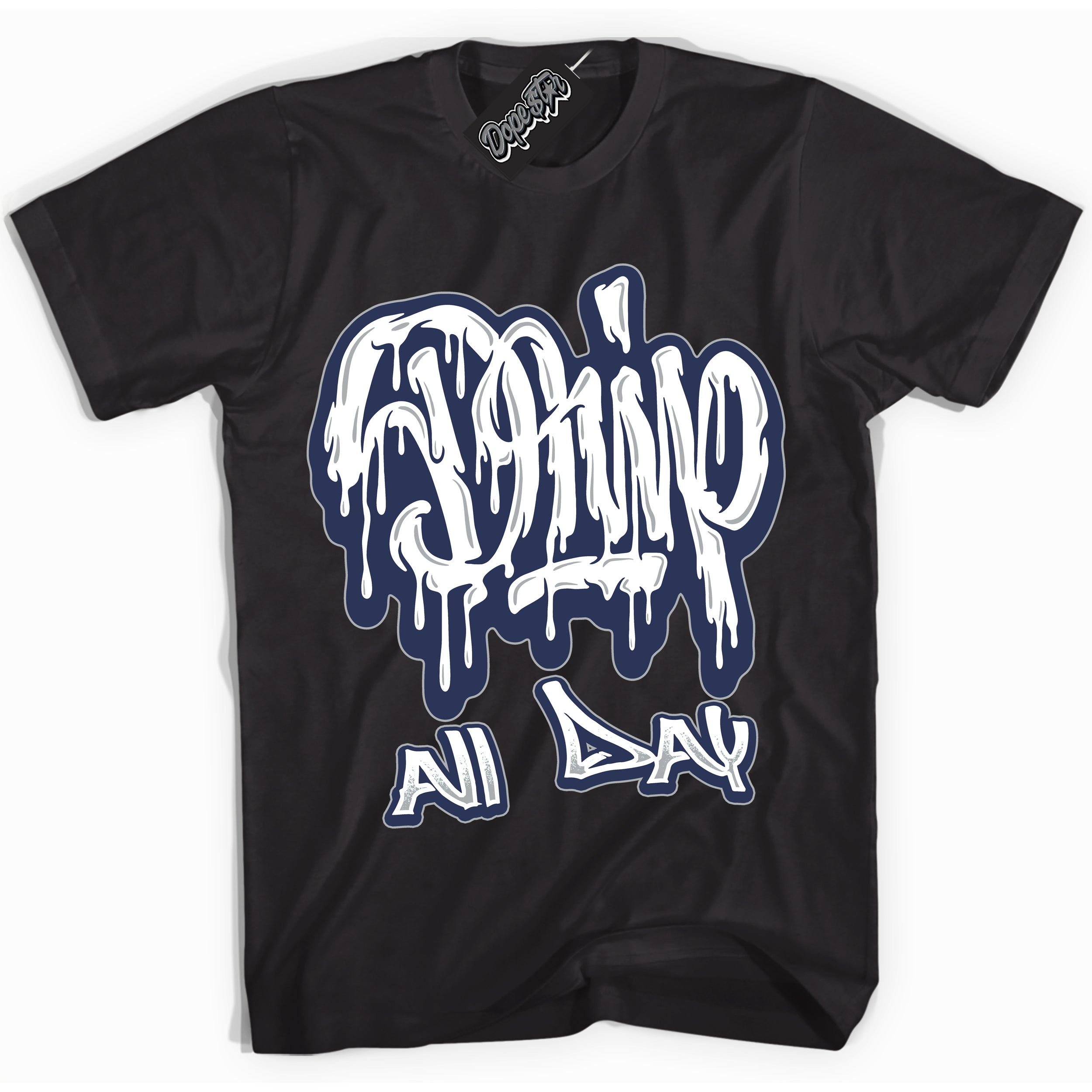 AJ3 Retro Midnight Navy 'Drip All Day' Shirt - Black Streetwear Mockup | Sneakerhead T-shirt Matching Midnight Navy AJ3 Retro| Jordan 3 Retro Midnight Navy Shirt for Men & Women | Matching outfits with your Midnight Navy 3s Kicks | Sneakerhead Fashion Must-Have.