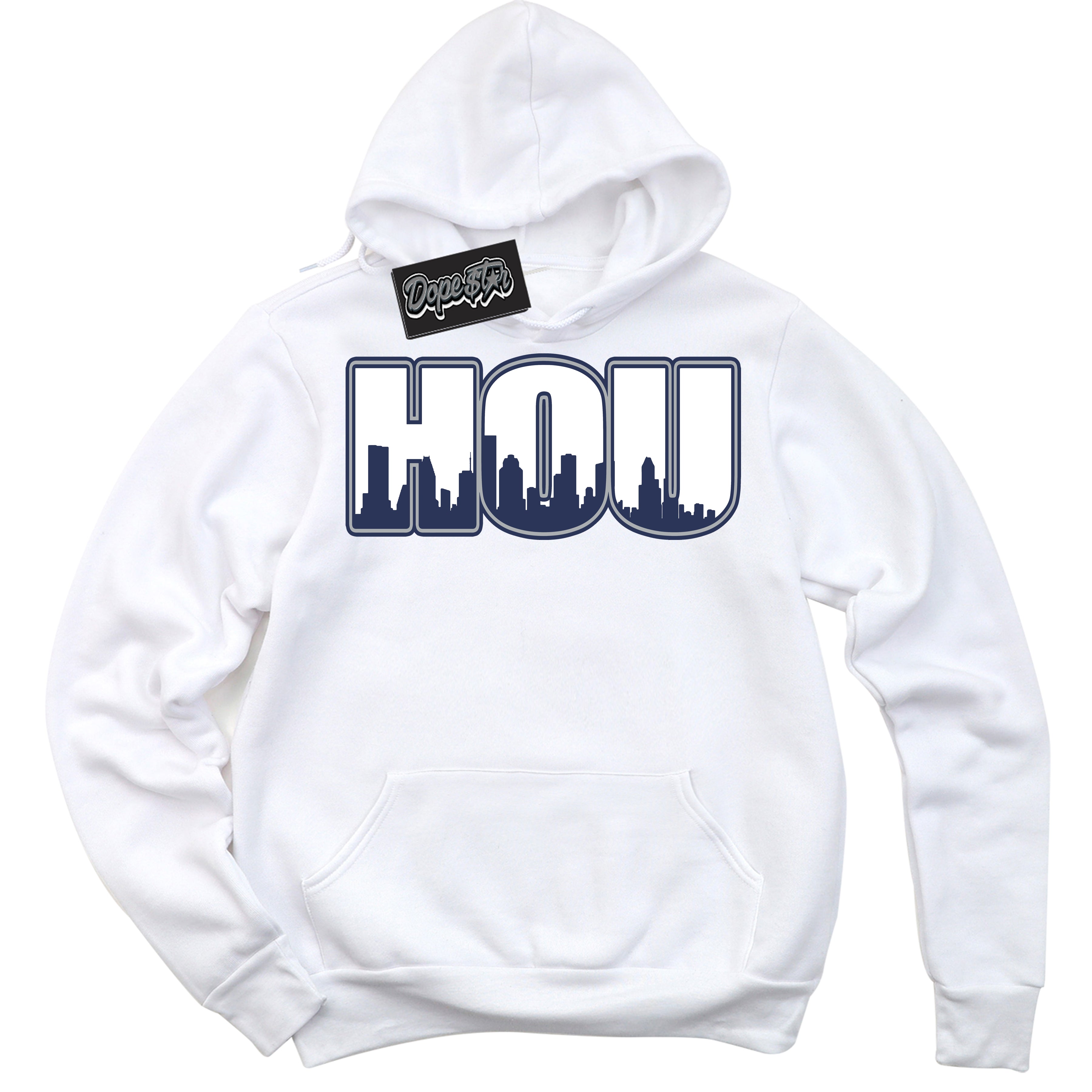 AJ3 Retro Midnight Navy 'Houston' Hoodie- White Streetwear Mockup | Sneakerhead Hoodie Matching Midnight Navy AJ3 Retro | Jordan 3 Retro Midnight Navy hoodie for Men & Women | Matching outfits with your Midnight Navy 3s Kicks | Sneakerhead Fashion Must-Have.