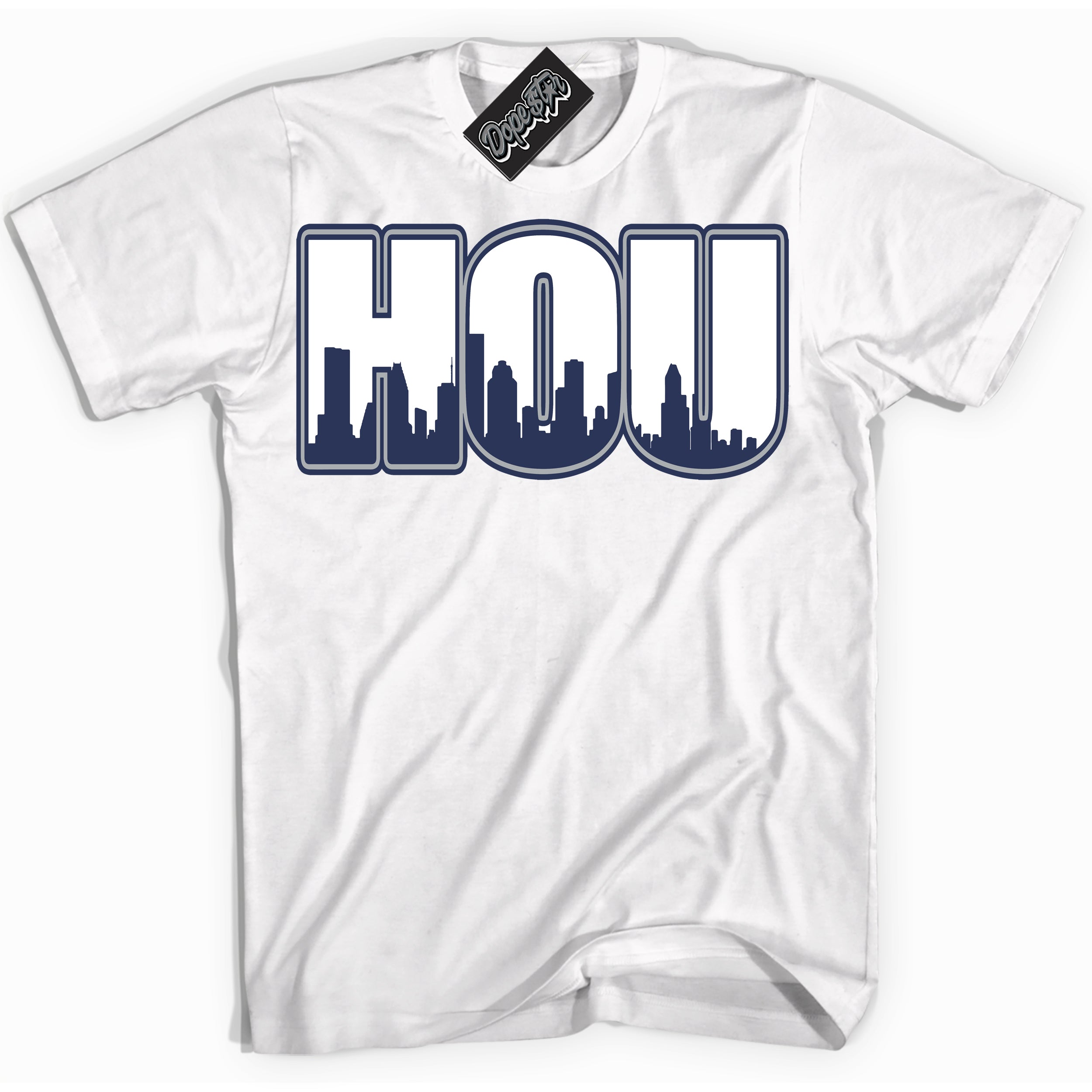 AJ3 Retro Midnight Navy 'Houston' Shirt - White Streetwear Mockup | Sneakerhead T-shirt Matching Midnight Navy AJ3 Retro | Jordan 3 Retro Midnight Navy Shirt for Men & Women | Matching outfits with your Midnight Navy 3s Kicks | Sneakerhead Fashion Must-Have.