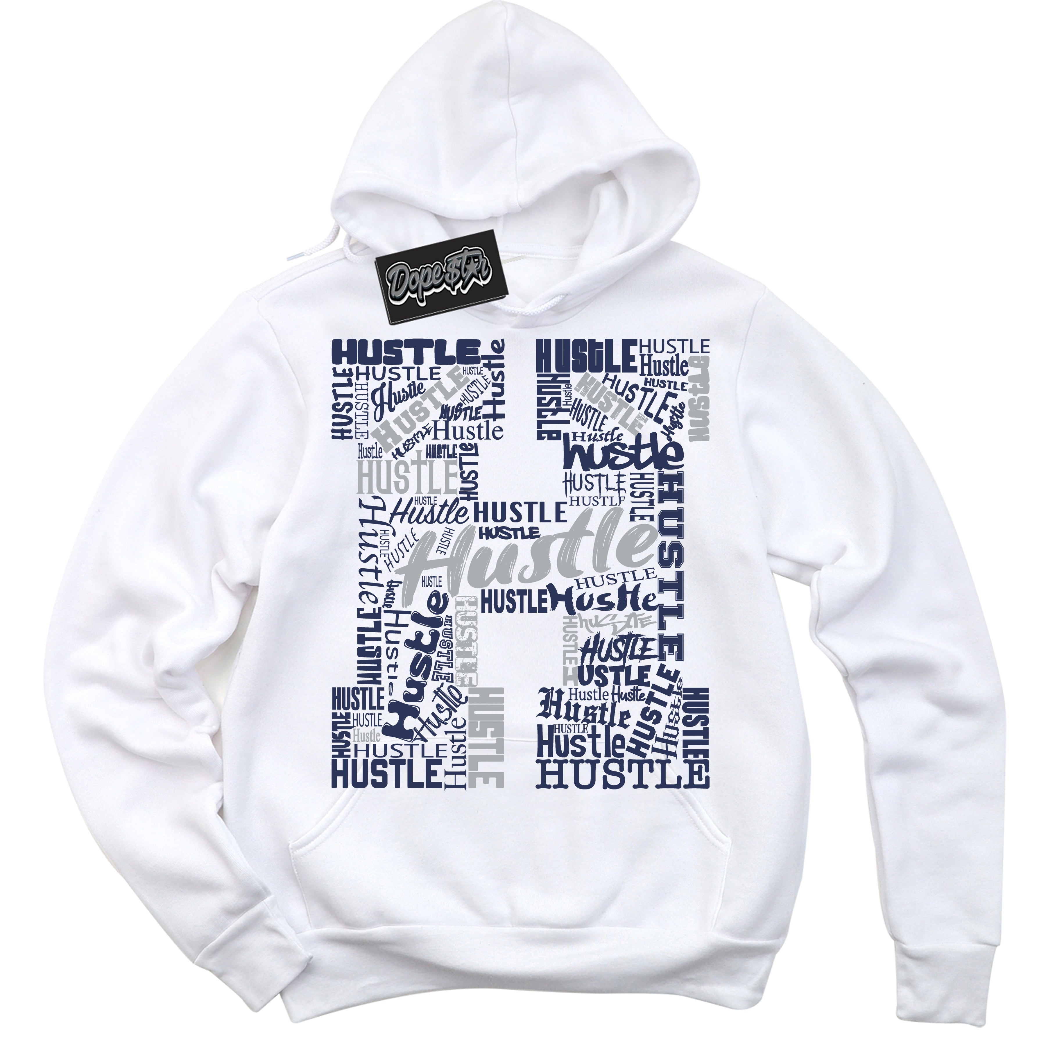 AJ3 Retro Midnight Navy 'Hustle H' Hoodie- White Streetwear Mockup | Sneakerhead Hoodie Matching Midnight Navy AJ3 Retro | Jordan 3 Retro Midnight Navy hoodie for Men & Women | Matching outfits with your Midnight Navy 3s Kicks | Sneakerhead Fashion Must-Have.