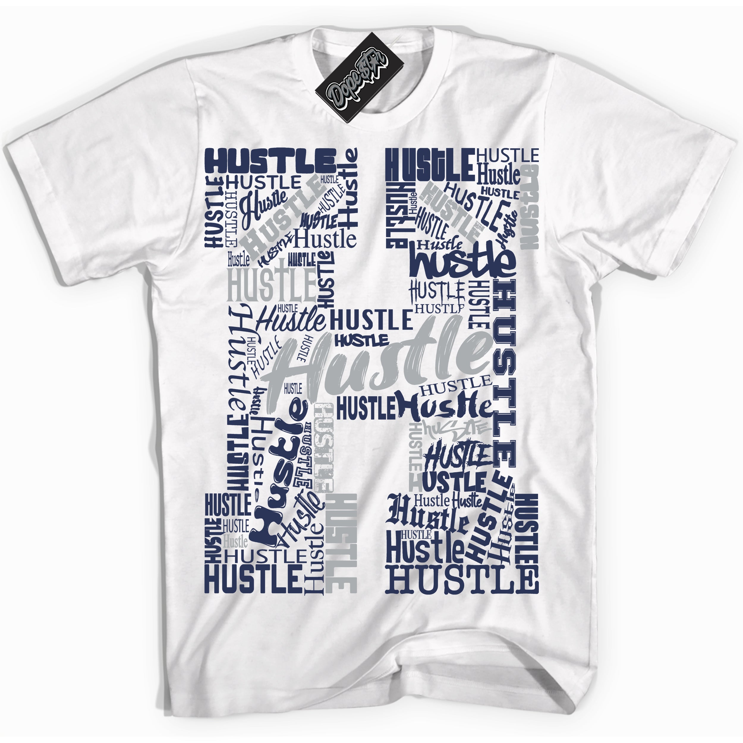 AJ3 Retro Midnight Navy 'Hustle H' Shirt - White Streetwear Mockup | Sneakerhead T-shirt Matching Midnight Navy AJ3 Retro | Jordan 3 Retro Midnight Navy Shirt for Men & Women | Matching outfits with your Midnight Navy 3s Kicks | Sneakerhead Fashion Must-Have.