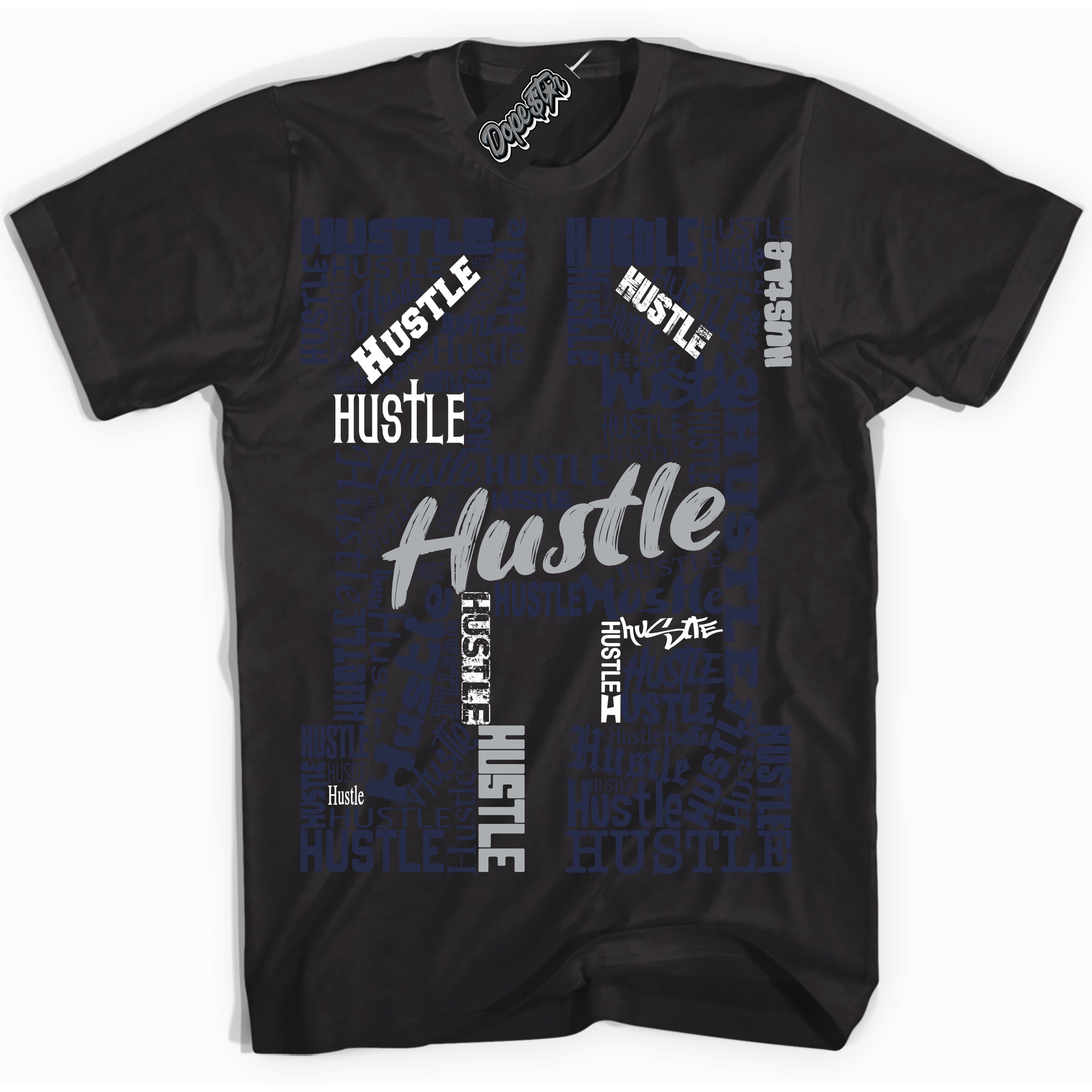 AJ3 Retro Midnight Navy 'Hustle H' Shirt - Black Streetwear Mockup | Sneakerhead T-shirt Matching Midnight Navy AJ3 Retro| Jordan 3 Retro Midnight Navy Shirt for Men & Women | Matching outfits with your Midnight Navy 3s Kicks | Sneakerhead Fashion Must-Have.