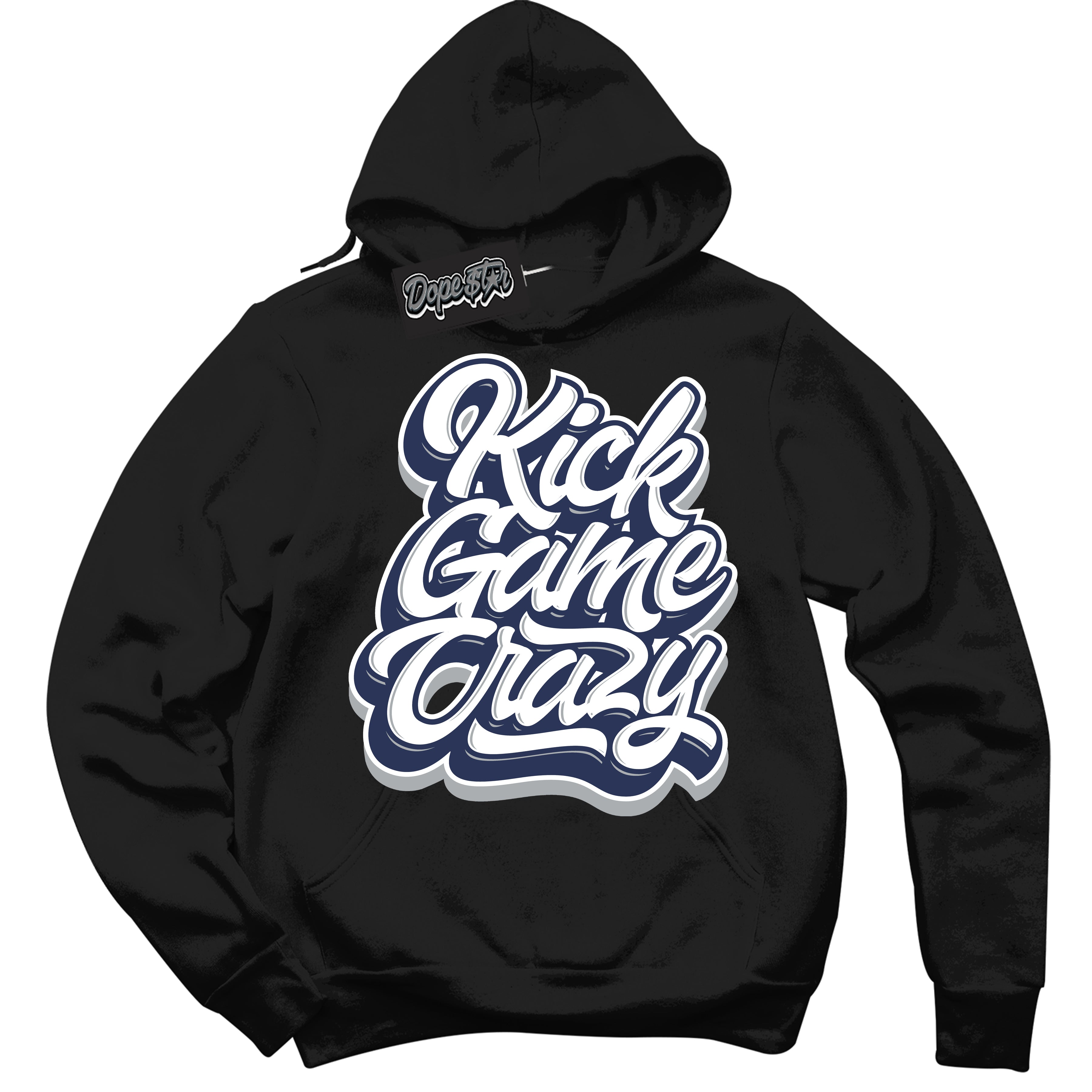 AJ3 Retro Midnight Navy 'Kick Game Crazy' Hoodie- Black Streetwear Mockup | Sneakerhead Hoodie Matching Midnight Navy AJ3 Retro | Jordan 3 Retro Midnight Navy hoodie for Men & Women | Matching outfits with your Midnight Navy 3s Kicks | Sneakerhead Fashion Must-Have.