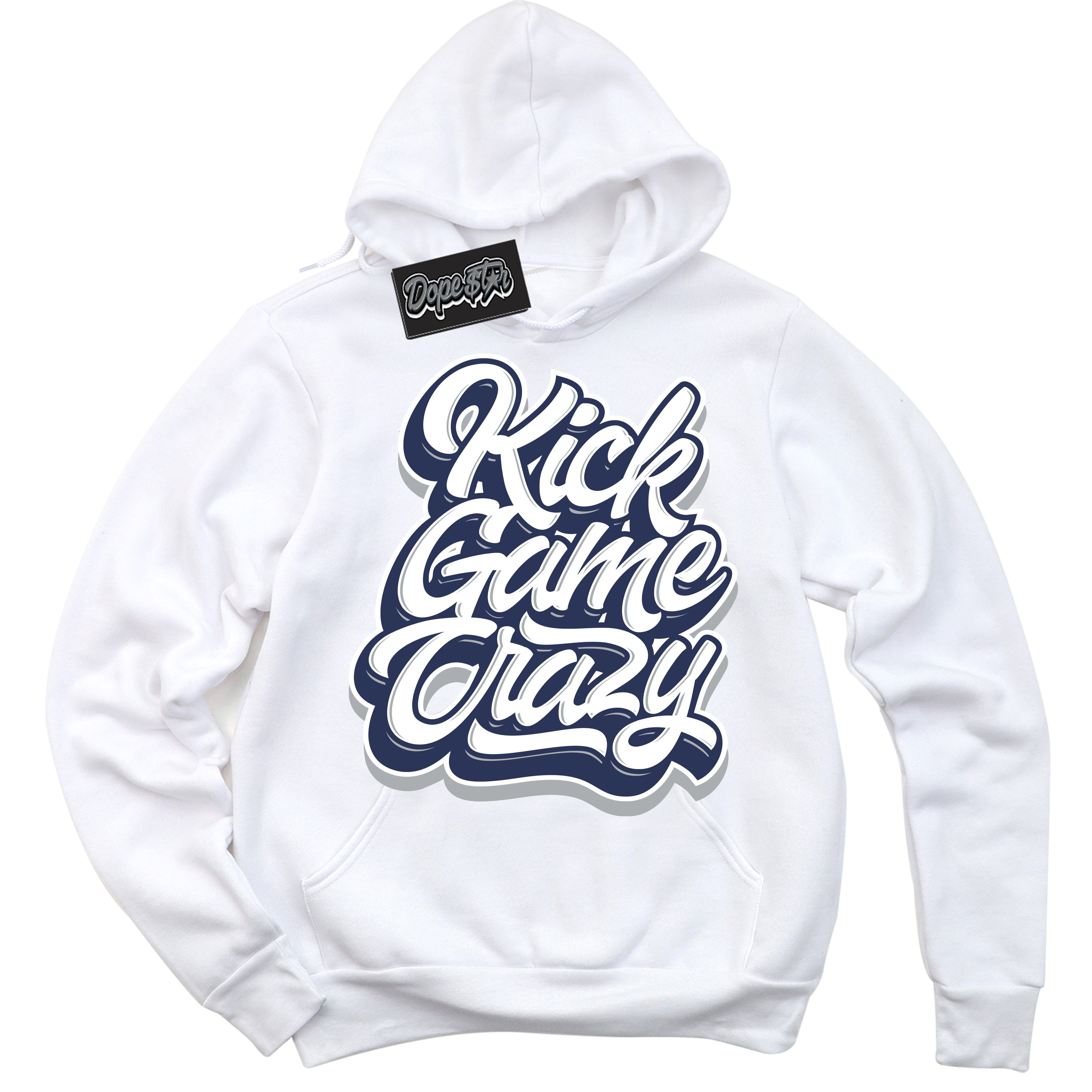 AJ3 Retro Midnight Navy 'Kick Game Crazy' Hoodie- White Streetwear Mockup | Sneakerhead Hoodie Matching Midnight Navy AJ3 Retro | Jordan 3 Retro Midnight Navy hoodie for Men & Women | Matching outfits with your Midnight Navy 3s Kicks | Sneakerhead Fashion Must-Have.