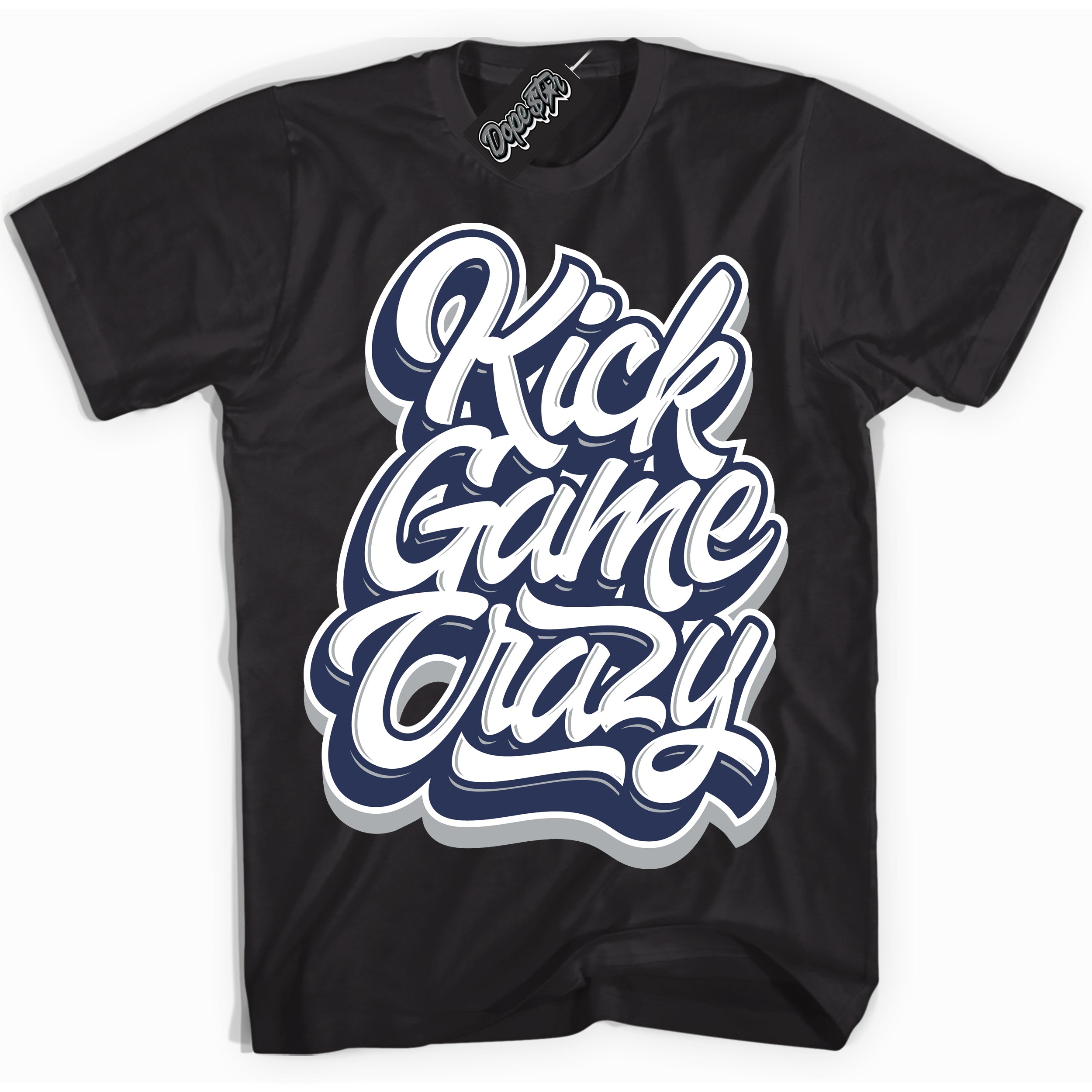 AJ3 Retro Midnight Navy 'Kick Game Crazy' Shirt - Black Streetwear Mockup | Sneakerhead T-shirt Matching Midnight Navy AJ3 Retro| Jordan 3 Retro Midnight Navy Shirt for Men & Women | Matching outfits with your Midnight Navy 3s Kicks | Sneakerhead Fashion Must-Have.