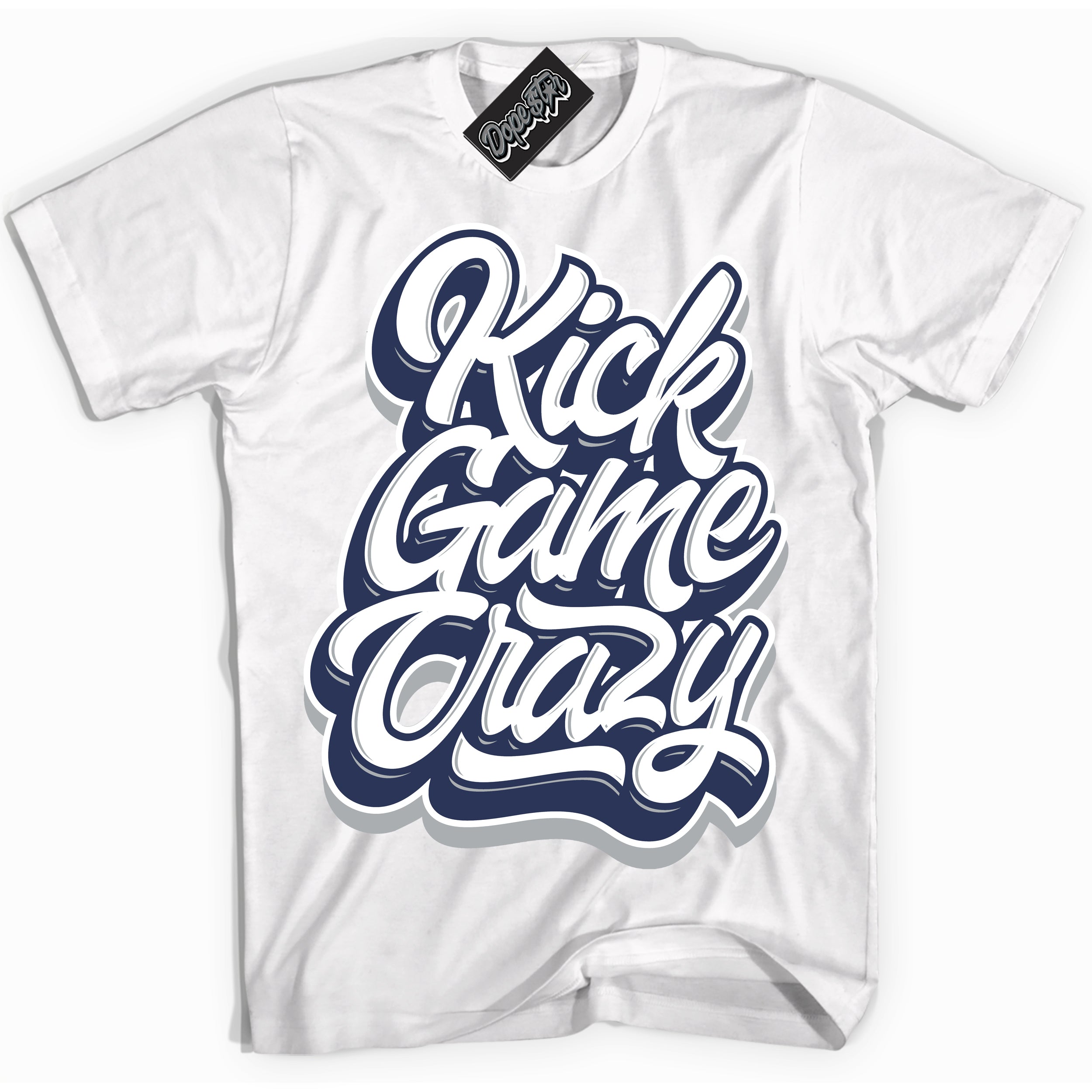 AJ3 Retro Midnight Navy 'Kick Game Crazy' Shirt - White Streetwear Mockup | Sneakerhead T-shirt Matching Midnight Navy AJ3 Retro | Jordan 3 Retro Midnight Navy Shirt for Men & Women | Matching outfits with your Midnight Navy 3s Kicks | Sneakerhead Fashion Must-Have.