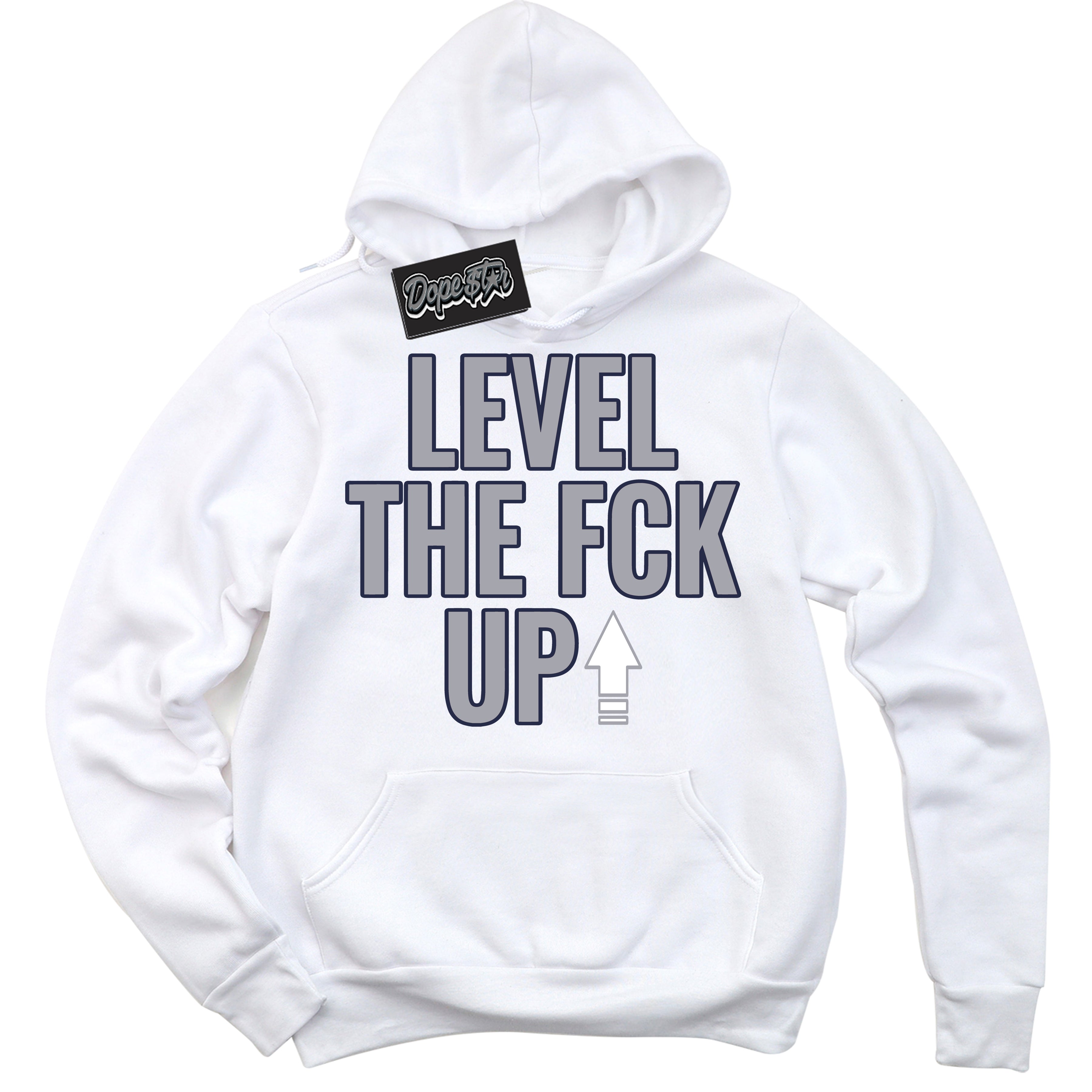 AJ3 Retro Midnight Navy 'Level The Fck Up' Hoodie- White Streetwear Mockup | Sneakerhead Hoodie Matching Midnight Navy AJ3 Retro | Jordan 3 Retro Midnight Navy hoodie for Men & Women | Matching outfits with your Midnight Navy 3s Kicks | Sneakerhead Fashion Must-Have.