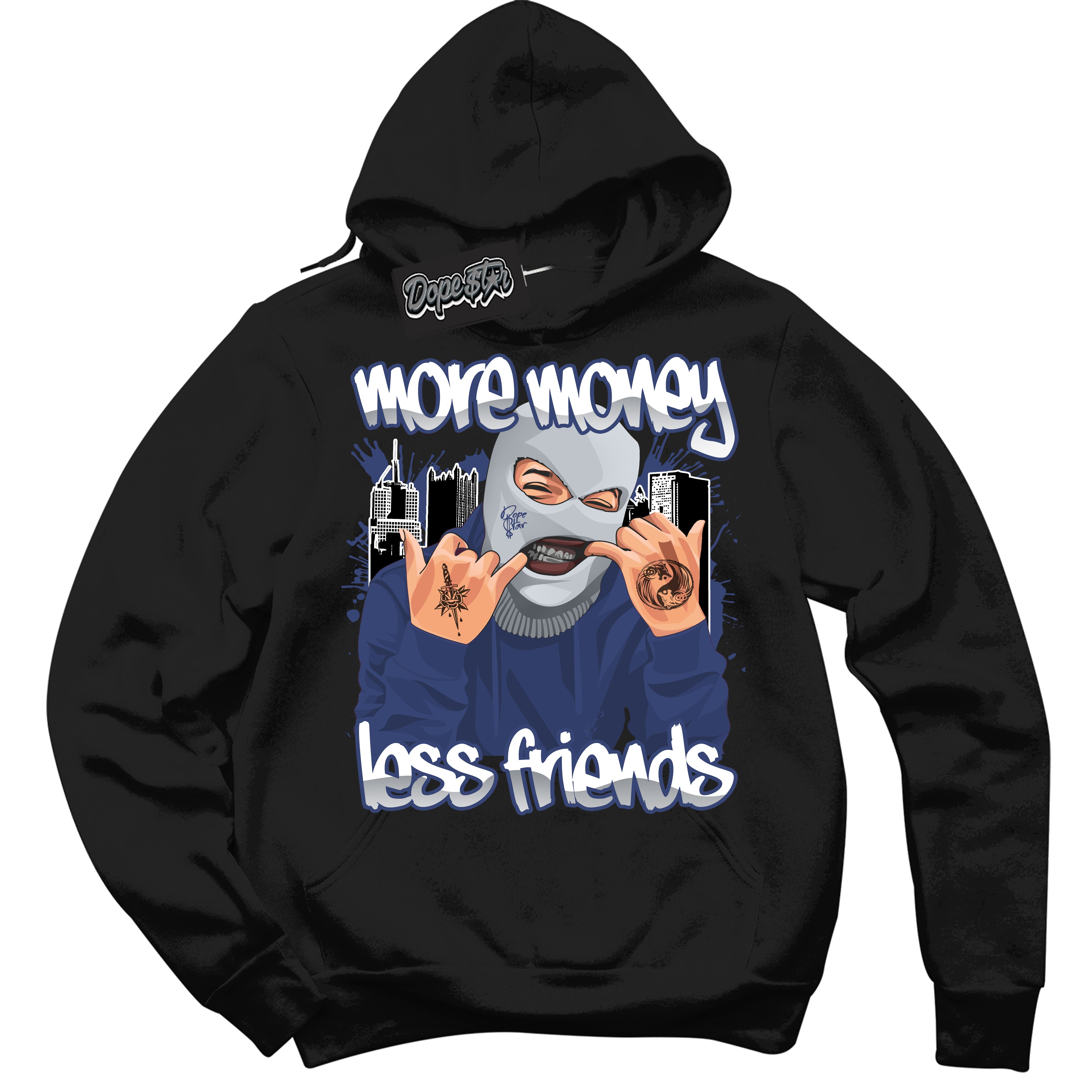 AJ3 Retro Midnight Navy 'More Money Less Friends' Hoodie- Black Streetwear Mockup | Sneakerhead Hoodie Matching Midnight Navy AJ3 Retro | Jordan 3 Retro Midnight Navy hoodie for Men & Women | Matching outfits with your Midnight Navy 3s Kicks | Sneakerhead Fashion Must-Have.