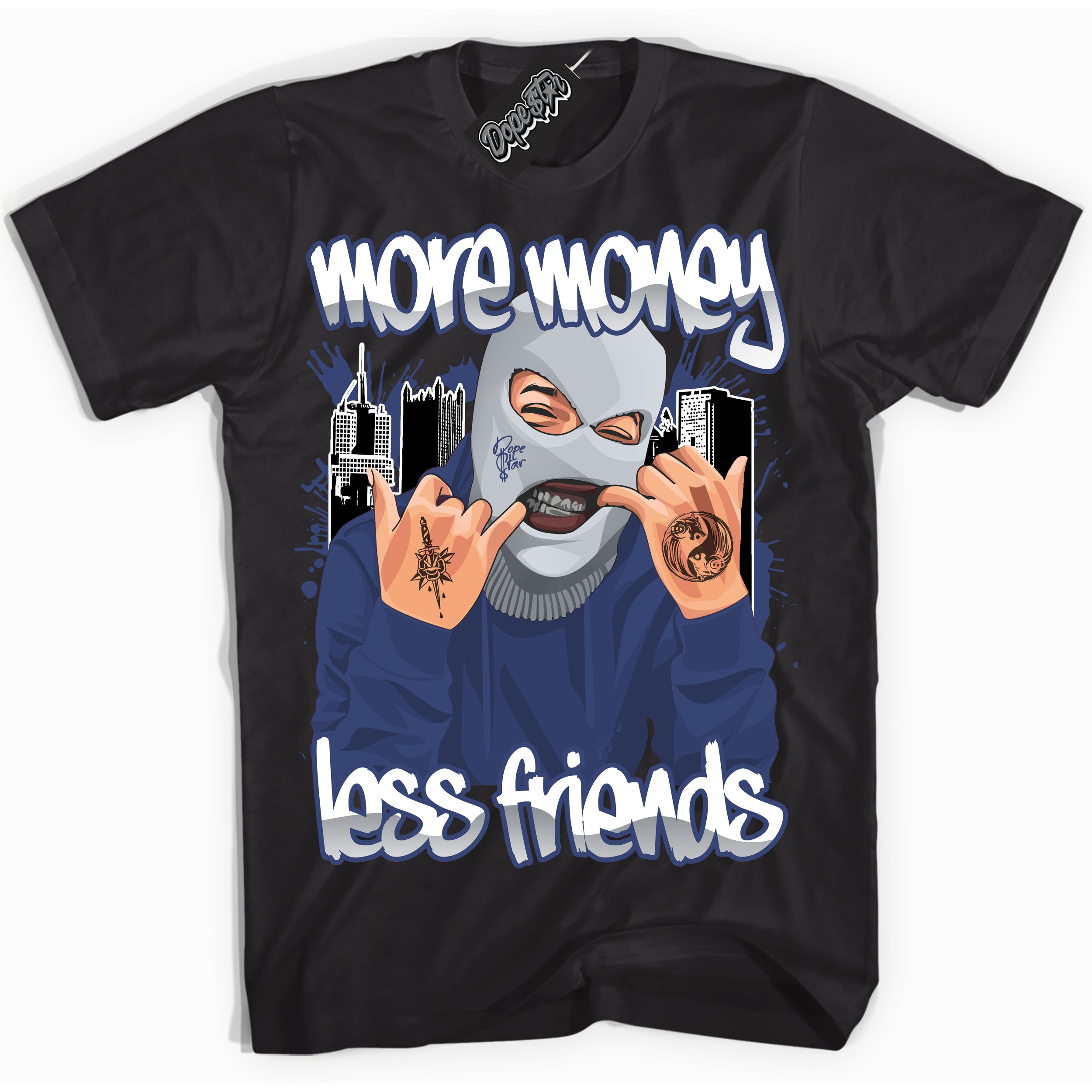 AJ3 Retro Midnight Navy 'More Money Less Friends' Shirt - Black Streetwear Mockup | Sneakerhead T-shirt Matching Midnight Navy AJ3 Retro| Jordan 3 Retro Midnight Navy Shirt for Men & Women | Matching outfits with your Midnight Navy 3s Kicks | Sneakerhead Fashion Must-Have.